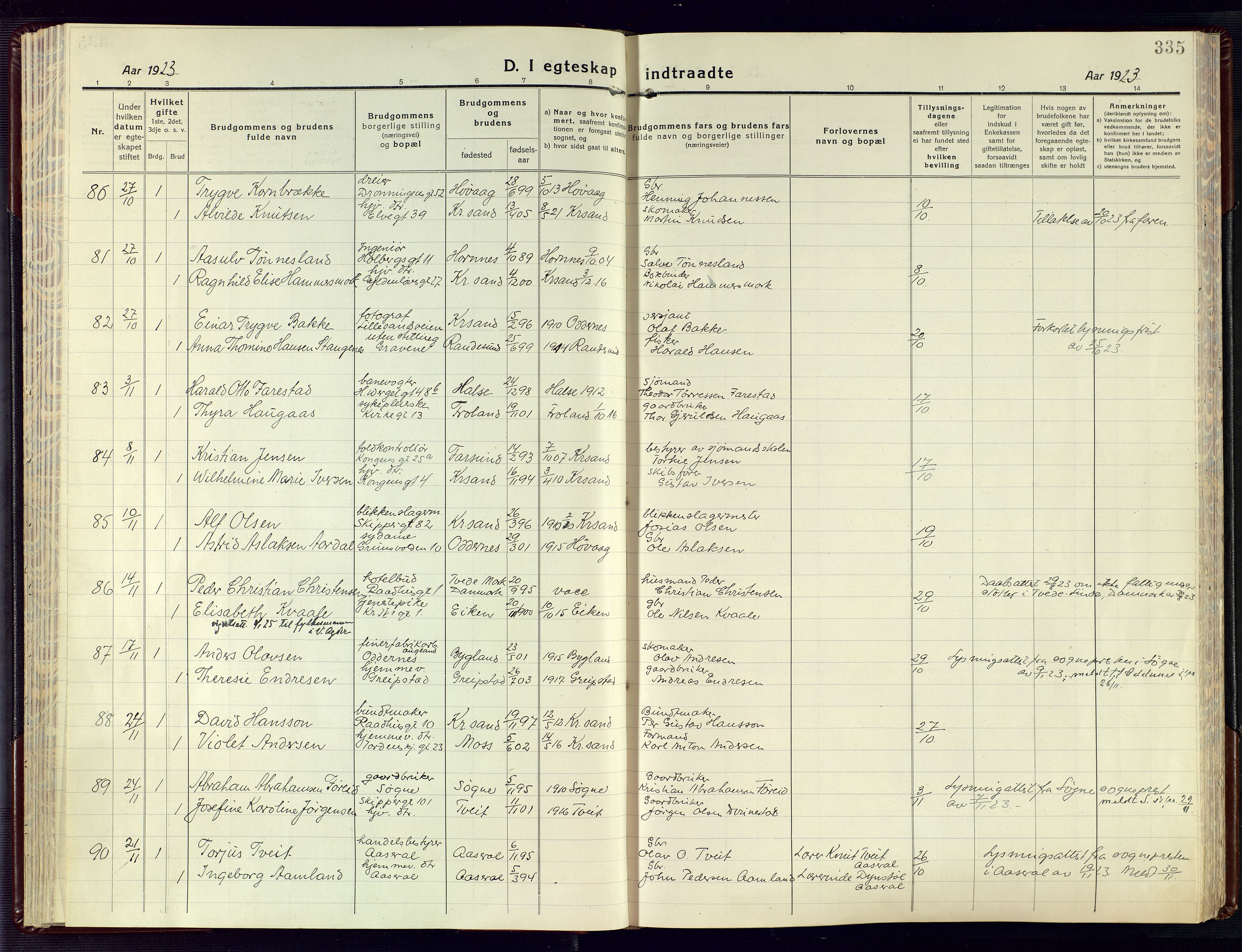 Kristiansand domprosti, AV/SAK-1112-0006/F/Fa/L0028: Parish register (official) no. A 27, 1917-1926, p. 335