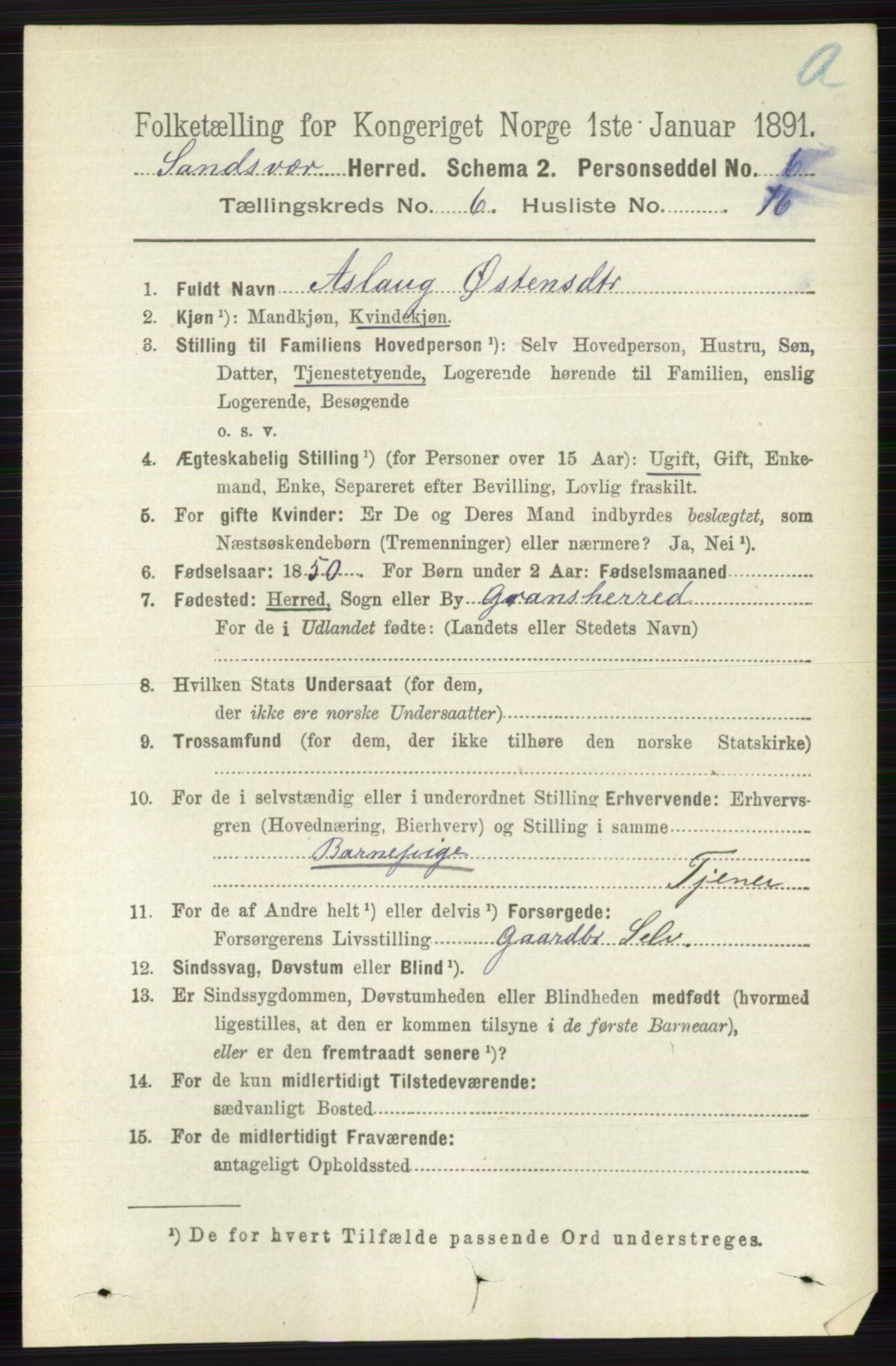 RA, 1891 census for 0629 Sandsvær, 1891, p. 3885