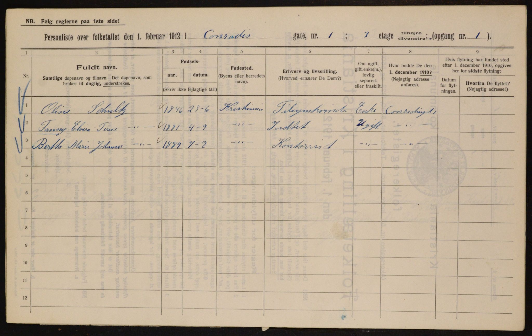 OBA, Municipal Census 1912 for Kristiania, 1912, p. 13186