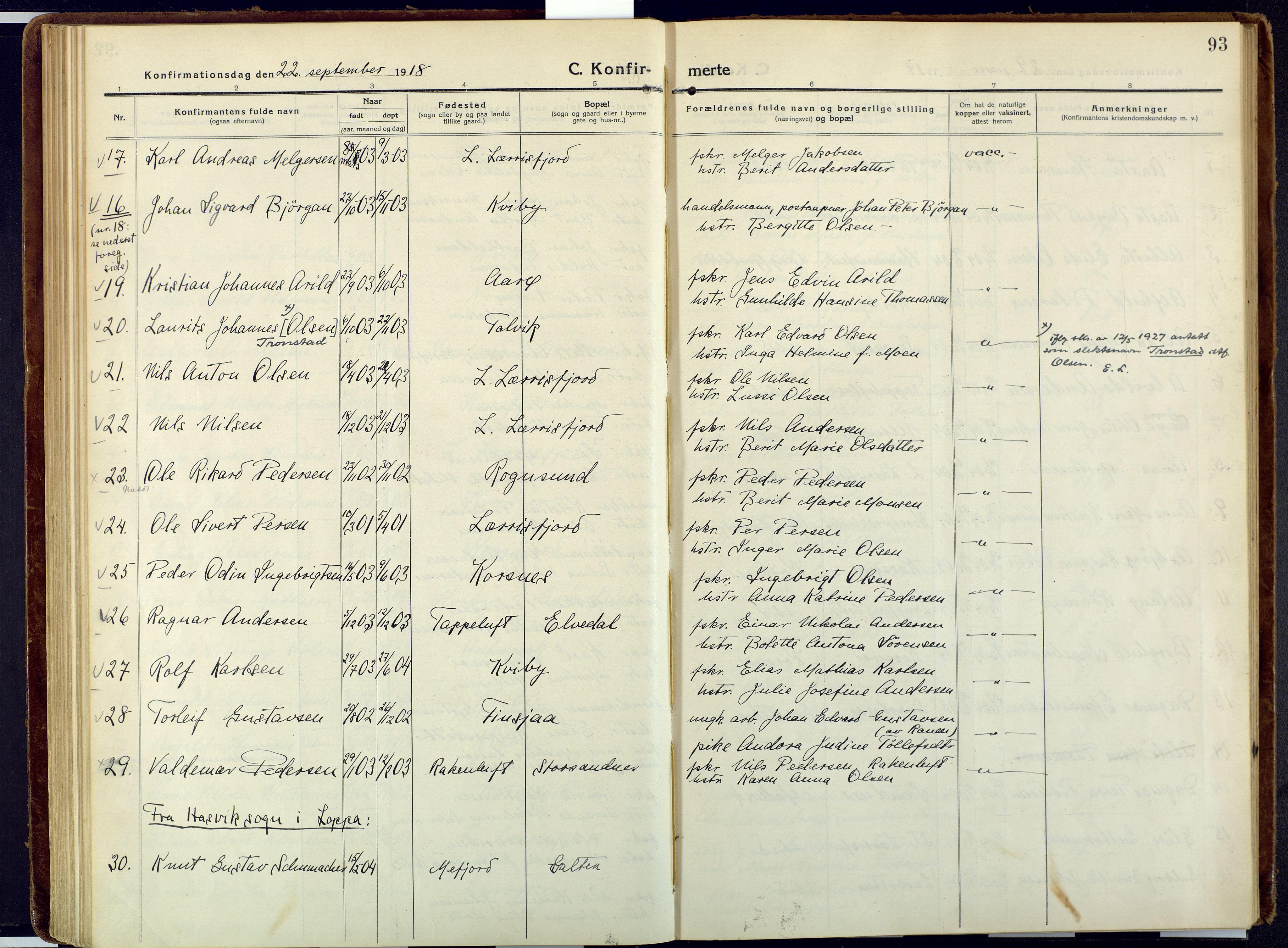 Talvik sokneprestkontor, AV/SATØ-S-1337/H/Ha/L0018kirke: Parish register (official) no. 18, 1915-1924, p. 93