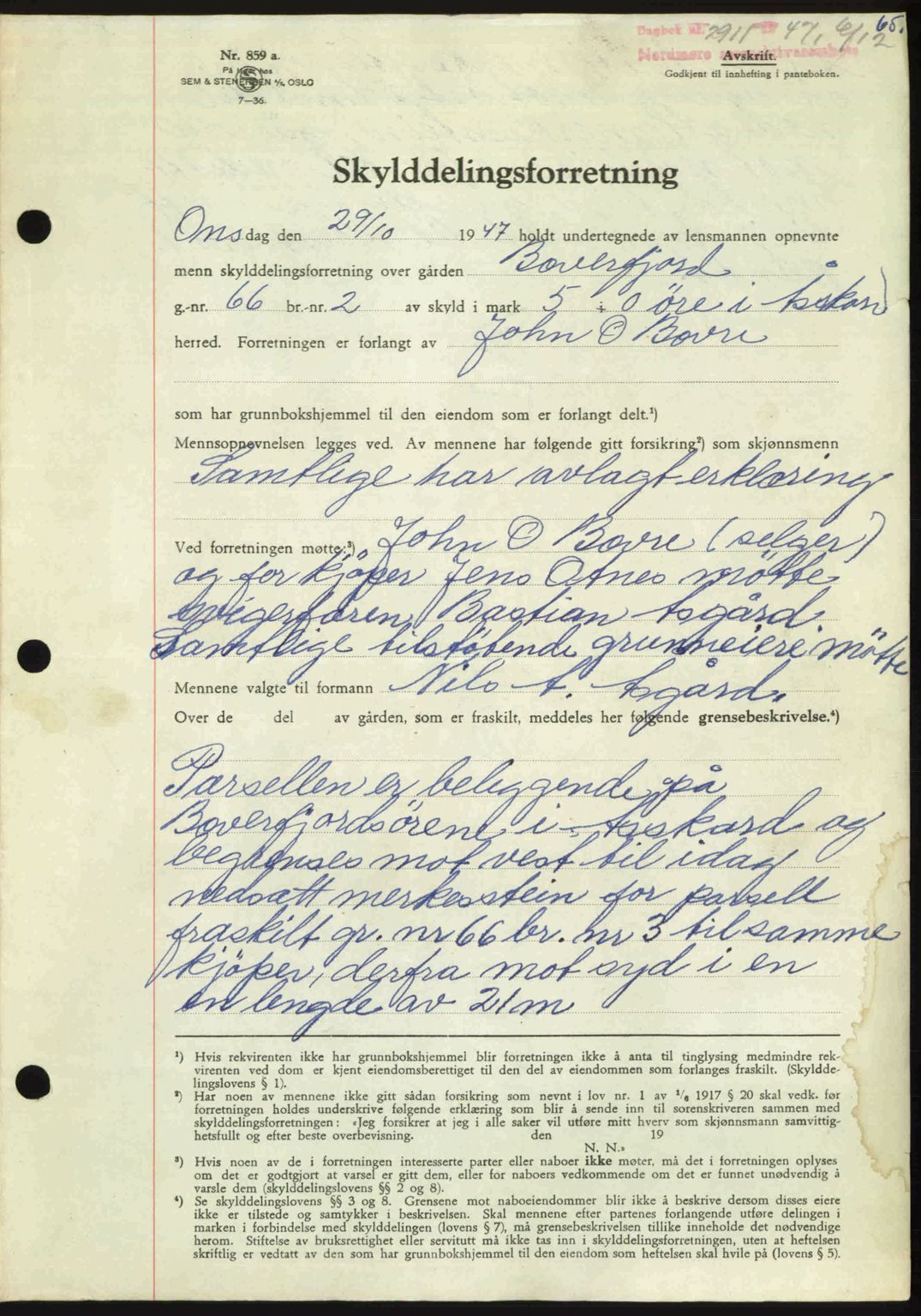 Nordmøre sorenskriveri, AV/SAT-A-4132/1/2/2Ca: Mortgage book no. A107, 1947-1948, Diary no: : 2911/1947