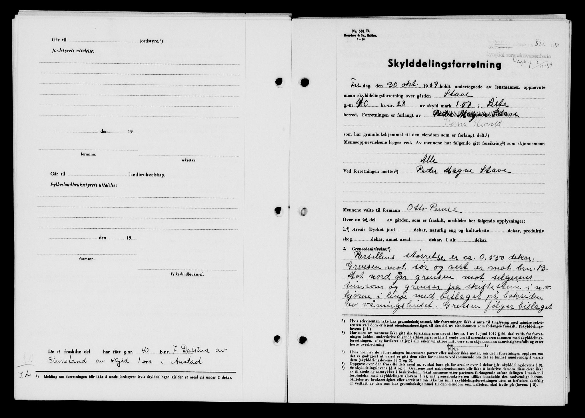 Lyngdal sorenskriveri, AV/SAK-1221-0004/G/Gb/L0679: Mortgage book no. A XXV, 1959-1960, Diary no: : 882/1959