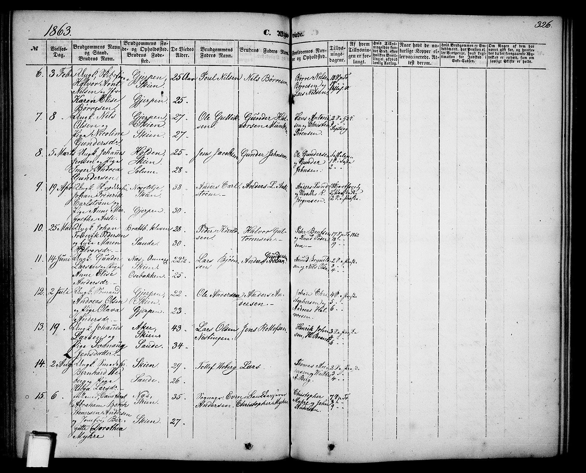 Skien kirkebøker, SAKO/A-302/G/Ga/L0004: Parish register (copy) no. 4, 1843-1867, p. 326