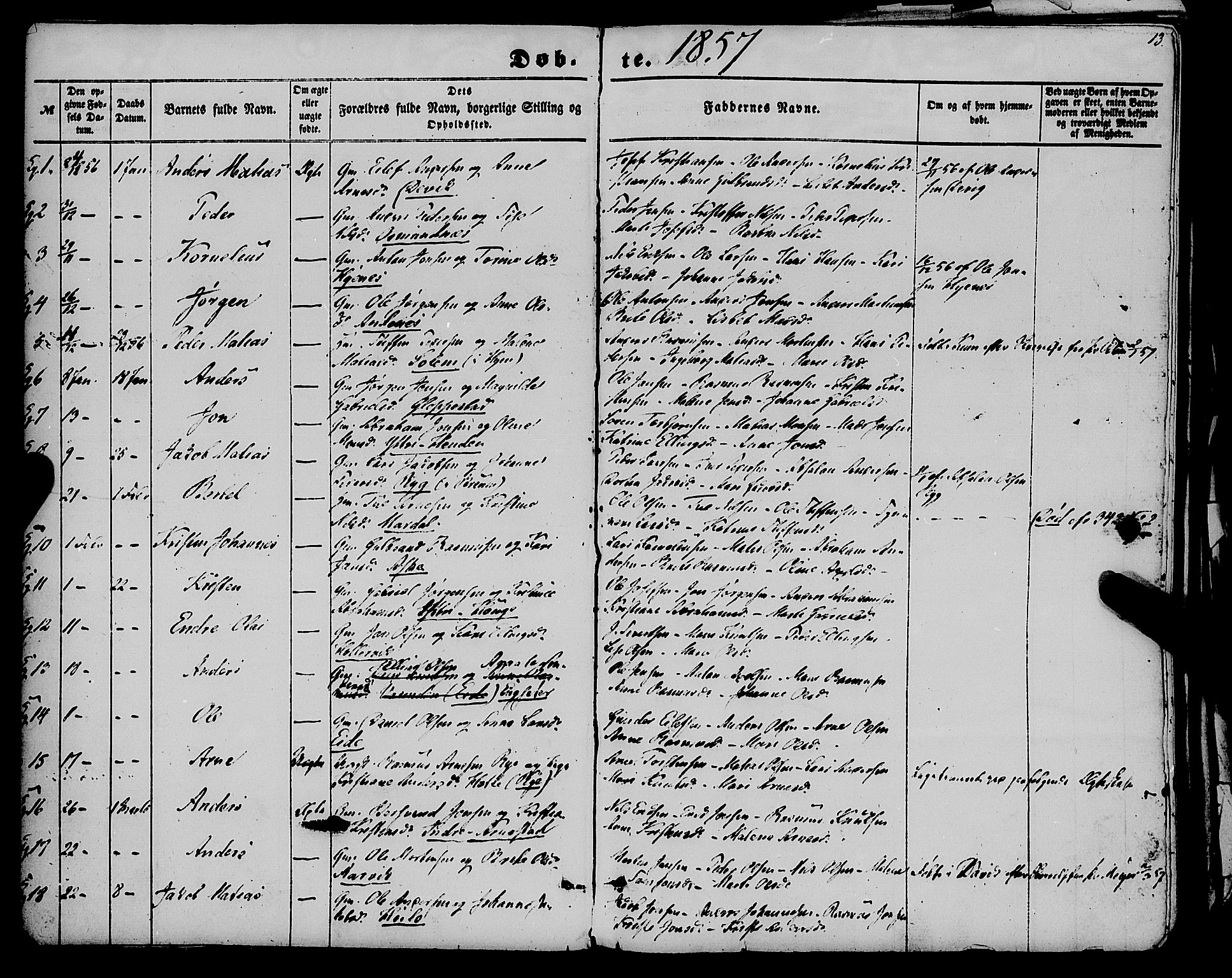 Gloppen sokneprestembete, AV/SAB-A-80101/H/Haa/Haaa/L0009: Parish register (official) no. A 9, 1855-1870, p. 13