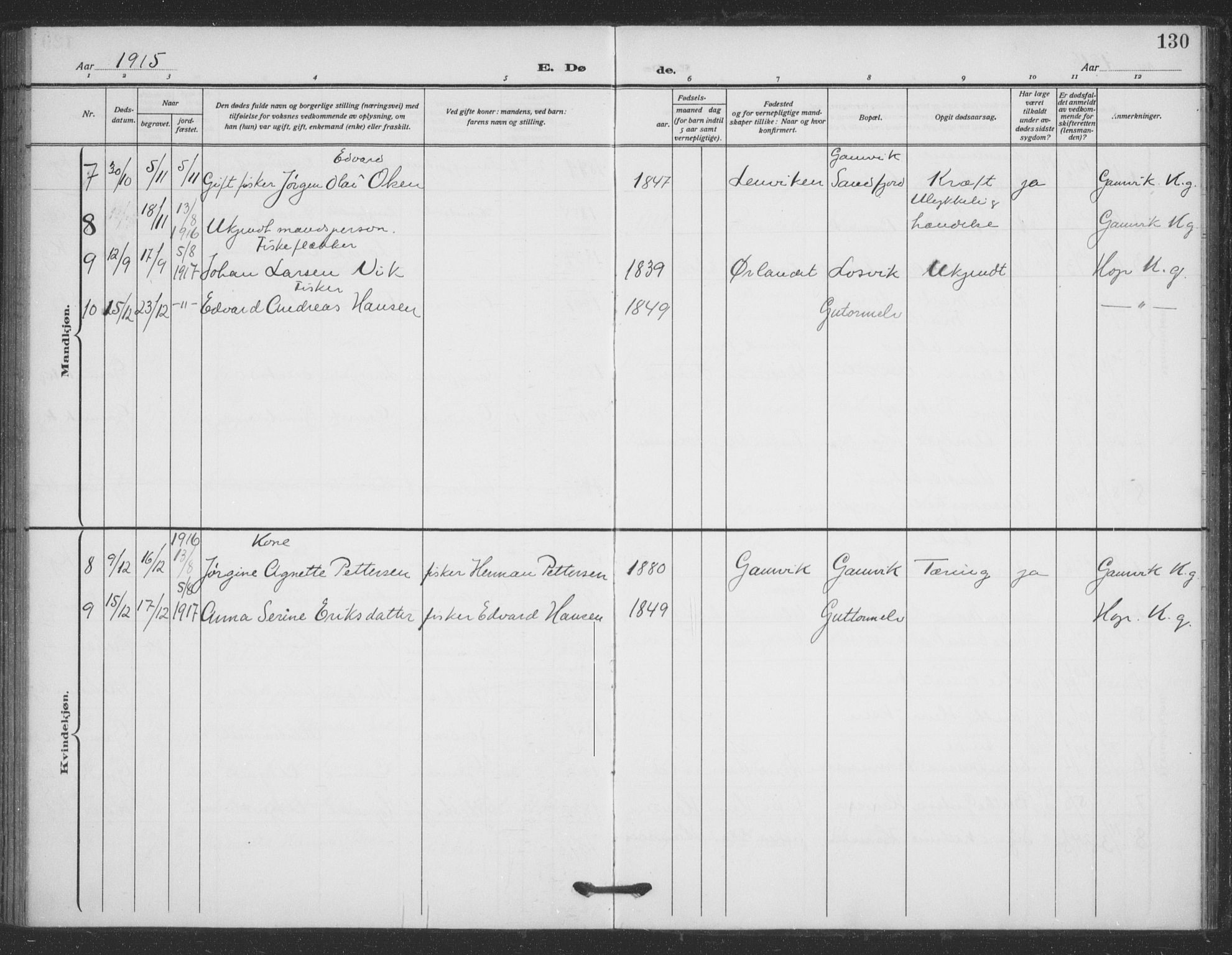 Tana sokneprestkontor, AV/SATØ-S-1334/H/Ha/L0008kirke: Parish register (official) no. 8, 1908-1920, p. 130