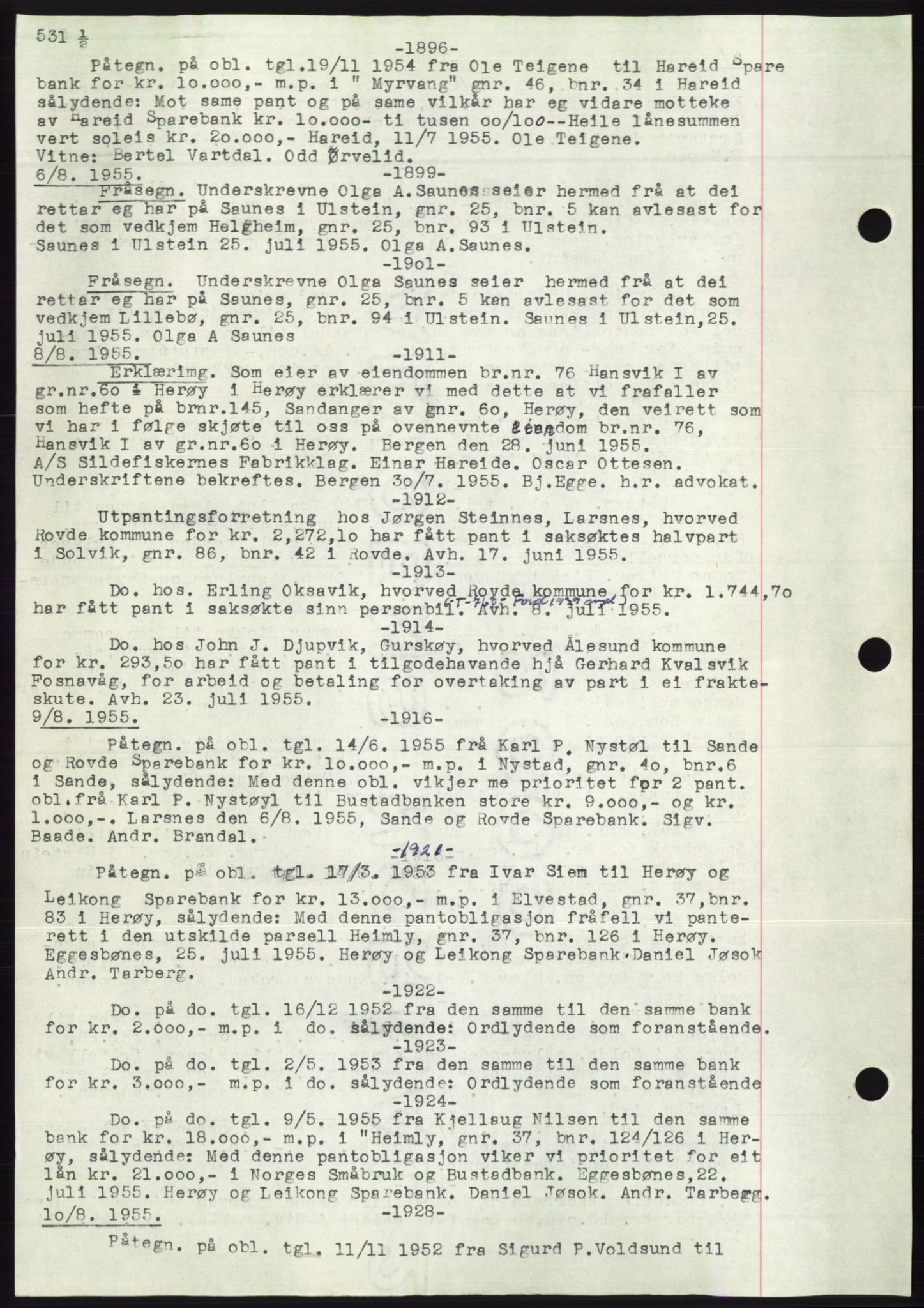 Søre Sunnmøre sorenskriveri, AV/SAT-A-4122/1/2/2C/L0072: Mortgage book no. 66, 1941-1955, Diary no: : 1896/1955