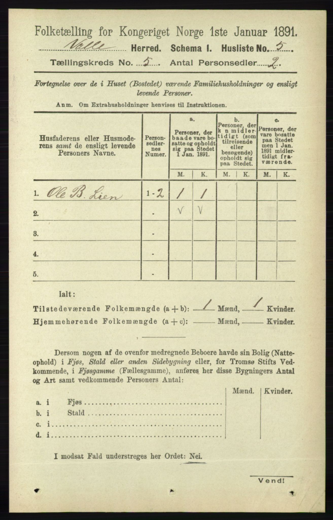 RA, 1891 census for 0940 Valle, 1891, p. 1286