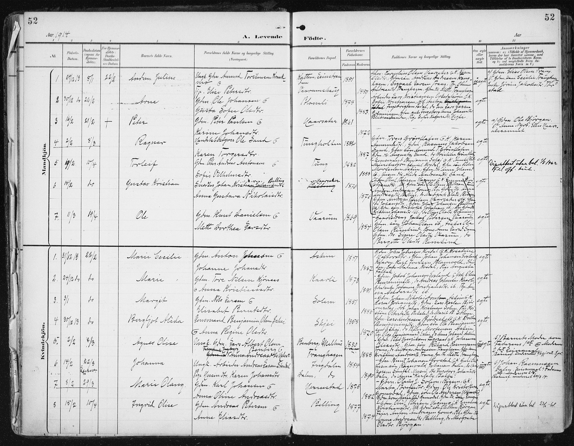 Ministerialprotokoller, klokkerbøker og fødselsregistre - Sør-Trøndelag, SAT/A-1456/646/L0616: Parish register (official) no. 646A14, 1900-1918, p. 52
