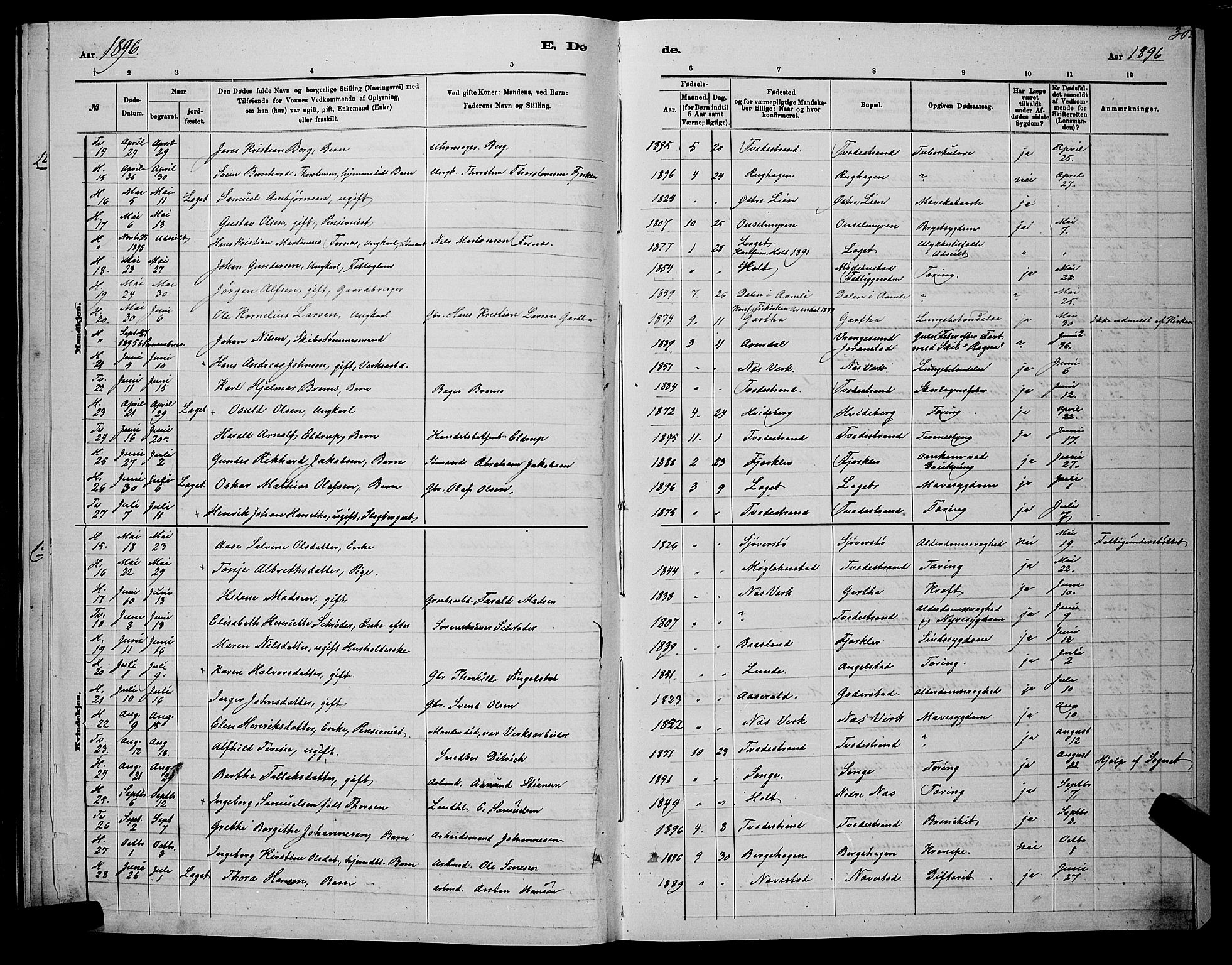 Holt sokneprestkontor, SAK/1111-0021/F/Fb/L0010: Parish register (copy) no. B 10, 1883-1896, p. 303