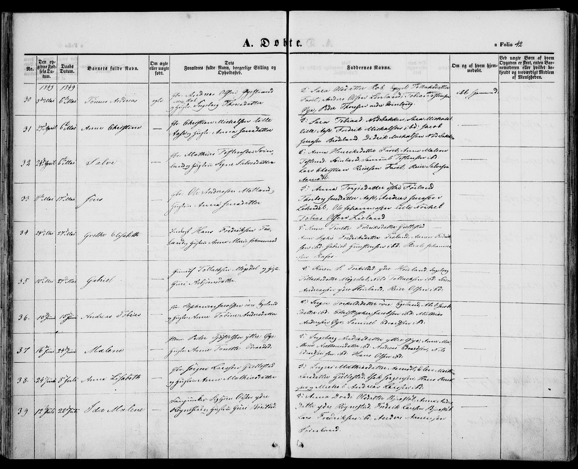 Kvinesdal sokneprestkontor, SAK/1111-0026/F/Fa/Fab/L0005: Parish register (official) no. A 5, 1844-1857, p. 42