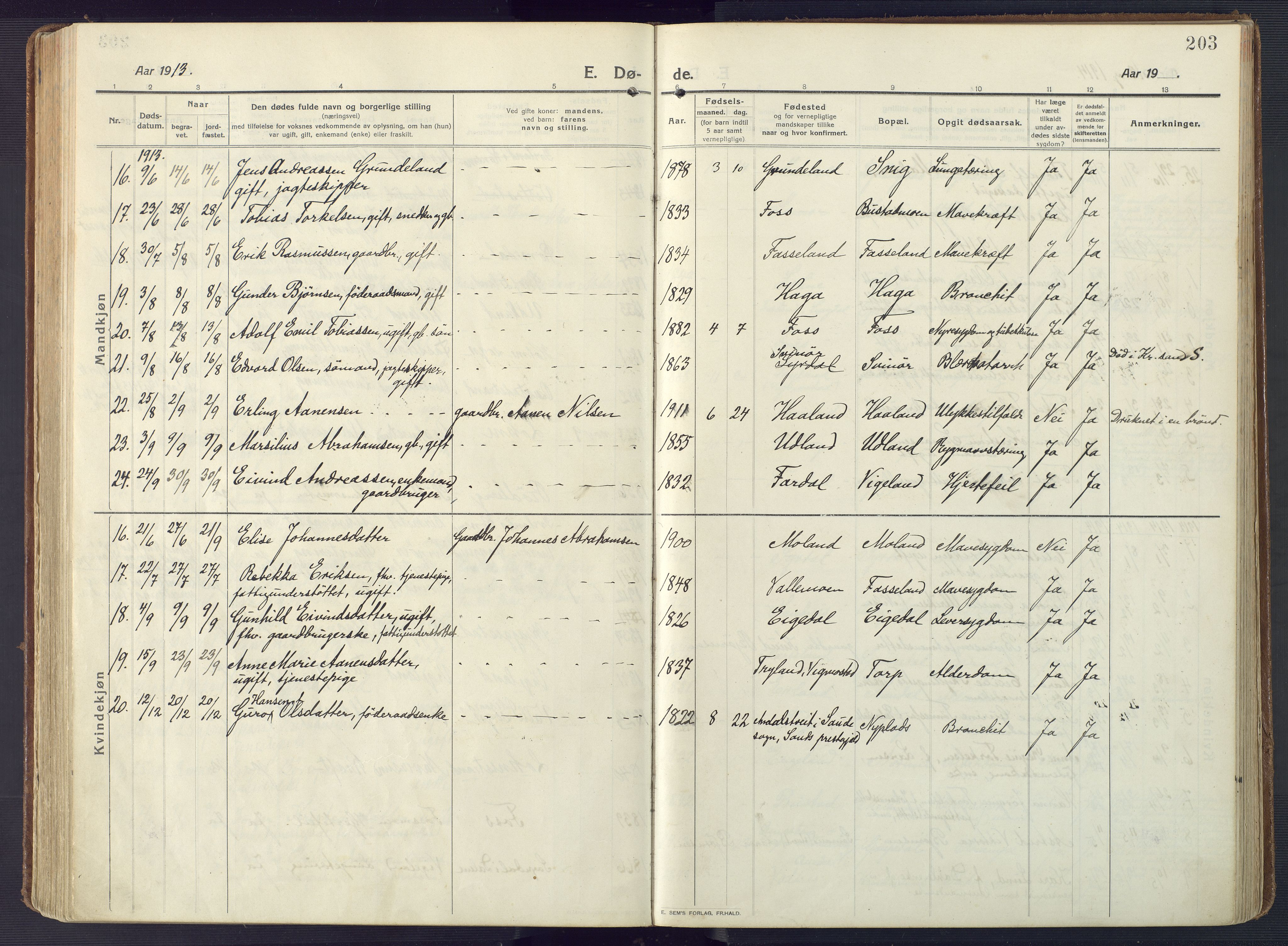 Sør-Audnedal sokneprestkontor, SAK/1111-0039/F/Fa/Fab/L0011: Parish register (official) no. A 11, 1912-1938, p. 203