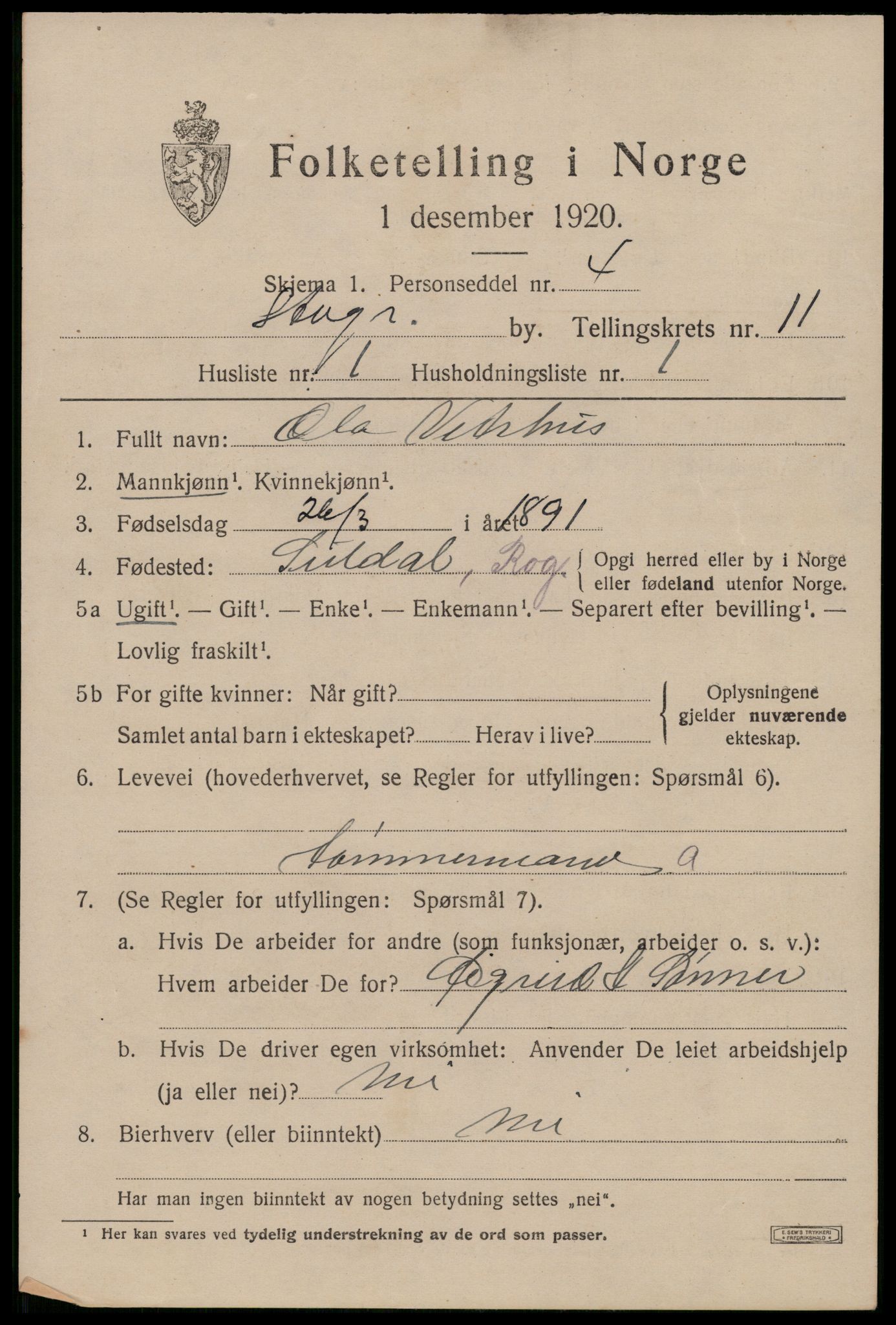 SAST, 1920 census for Stavanger, 1920, p. 53652