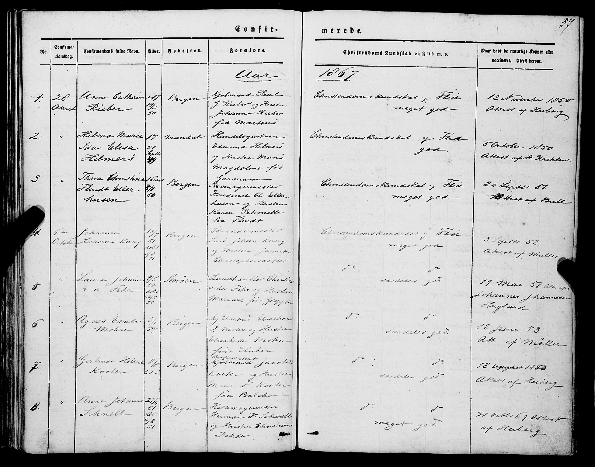 Mariakirken Sokneprestembete, AV/SAB-A-76901/H/Haa/L0006: Parish register (official) no. A 6, 1846-1877, p. 57