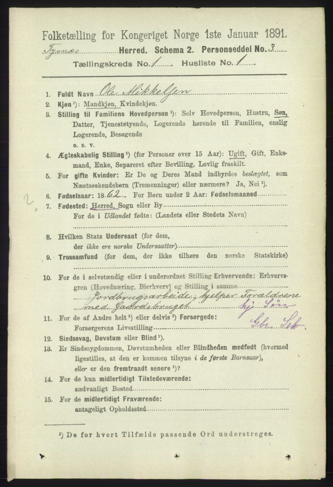 RA, 1891 census for 1223 Tysnes, 1891, p. 90