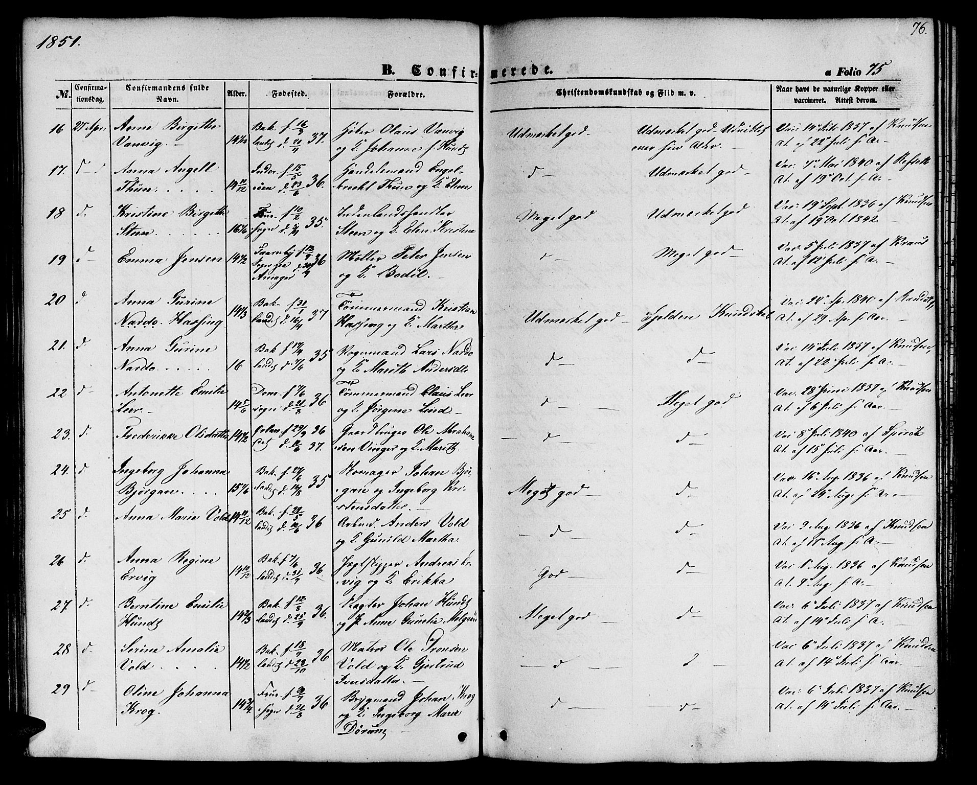 Ministerialprotokoller, klokkerbøker og fødselsregistre - Sør-Trøndelag, SAT/A-1456/604/L0184: Parish register (official) no. 604A05, 1851-1860, p. 76
