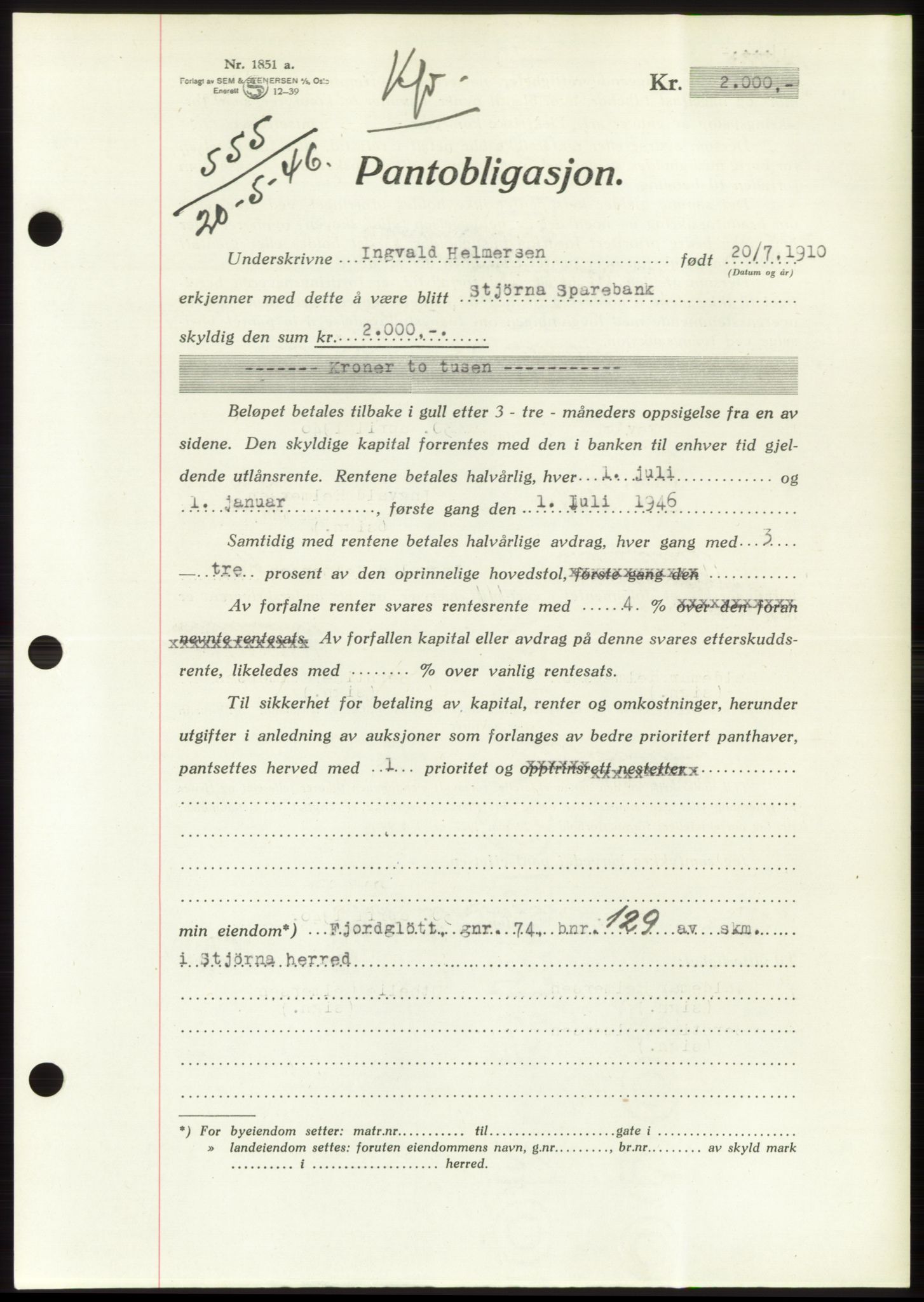 Fosen sorenskriveri, AV/SAT-A-1107/1/2/2C: Mortgage book no. B, 1946-1948, Diary no: : 555/1946