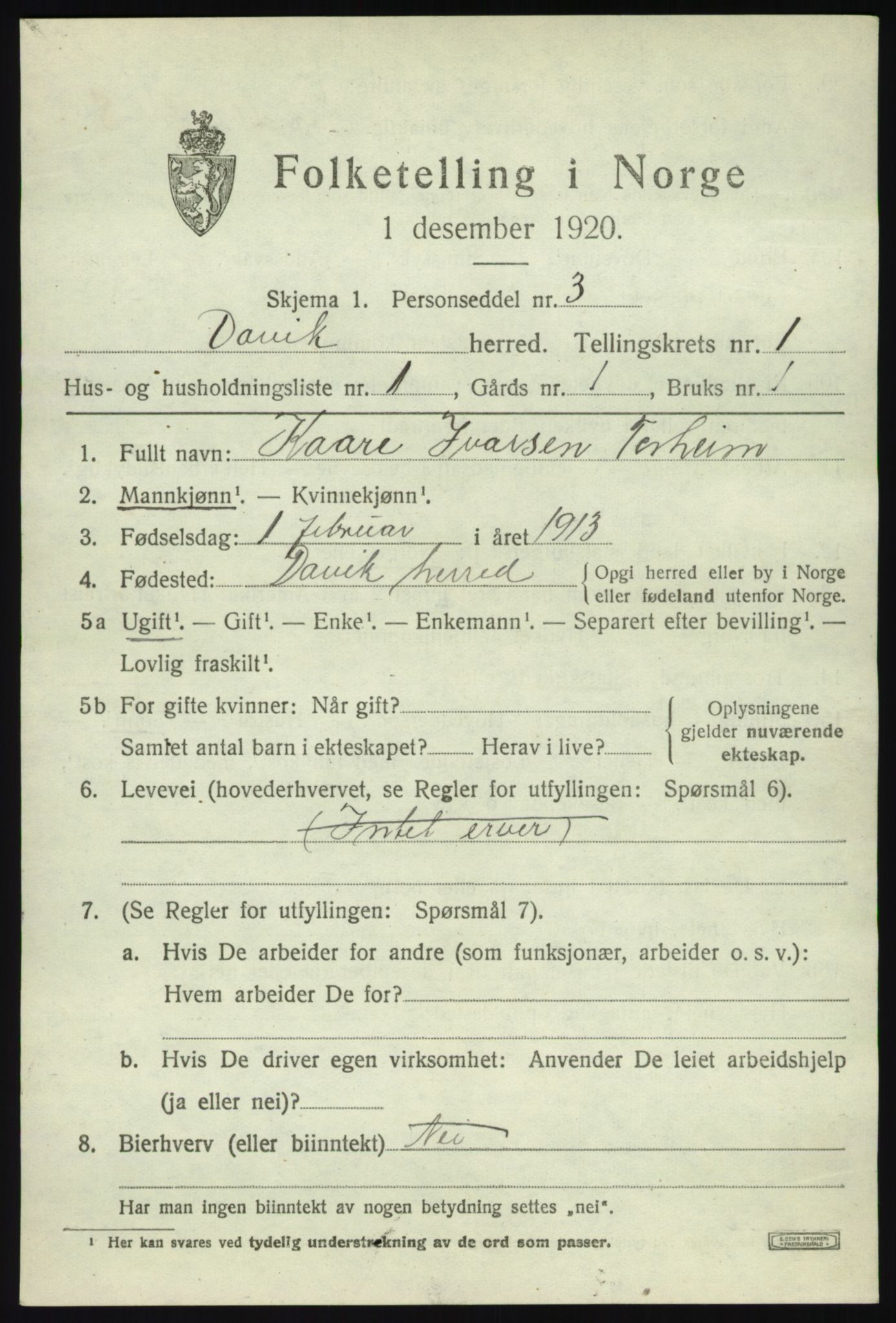 SAB, 1920 census for Davik, 1920, p. 1197