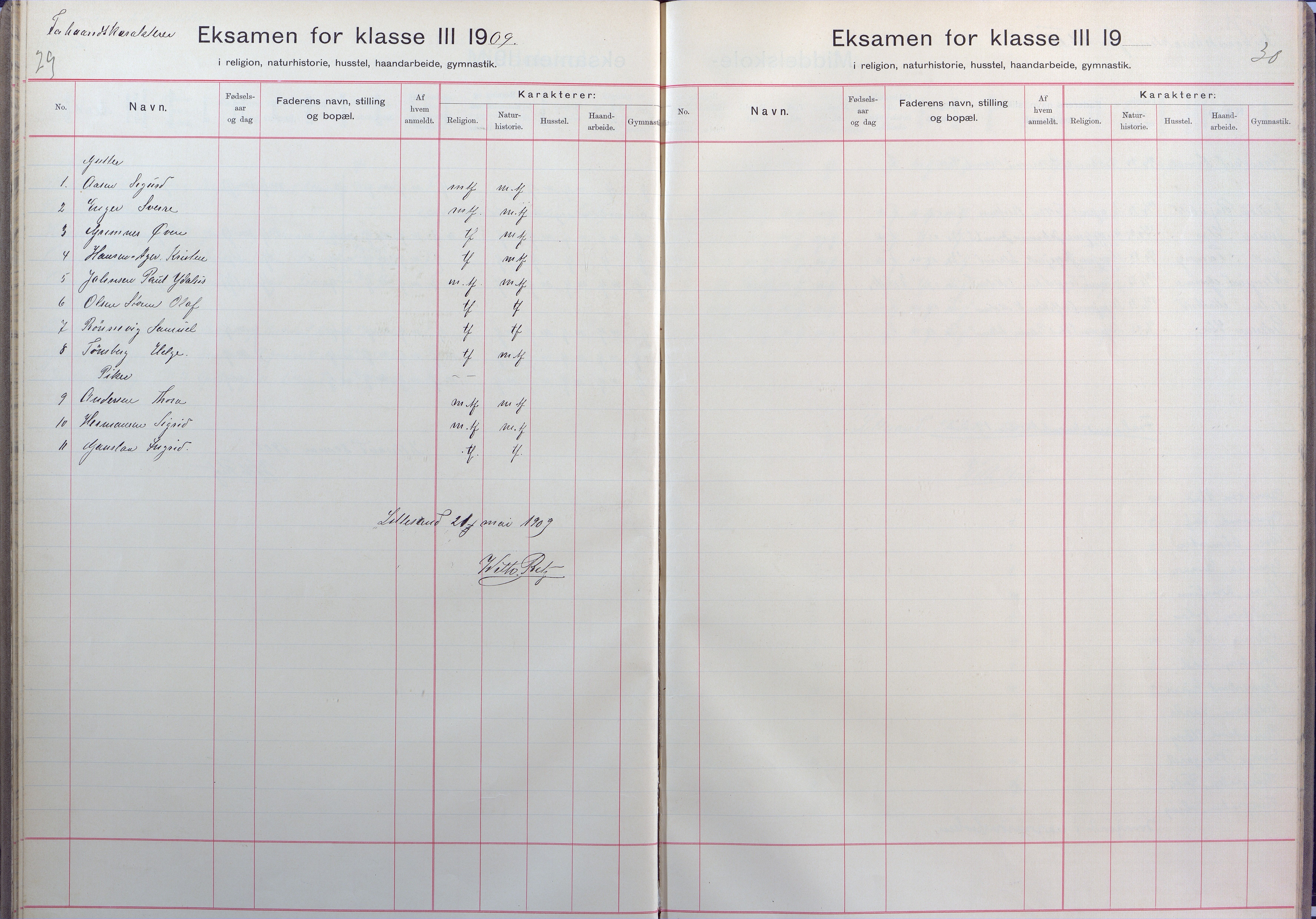 Lillesand kommune, AAKS/KA0926-PK/2/03/L0025: Lillesand Communale Middelskole - Eksamensprotokoll for Lillesands komm. Middelskolen. Forhåndskarakterer 3. og 2. kl., 1901-1932, p. 29-30