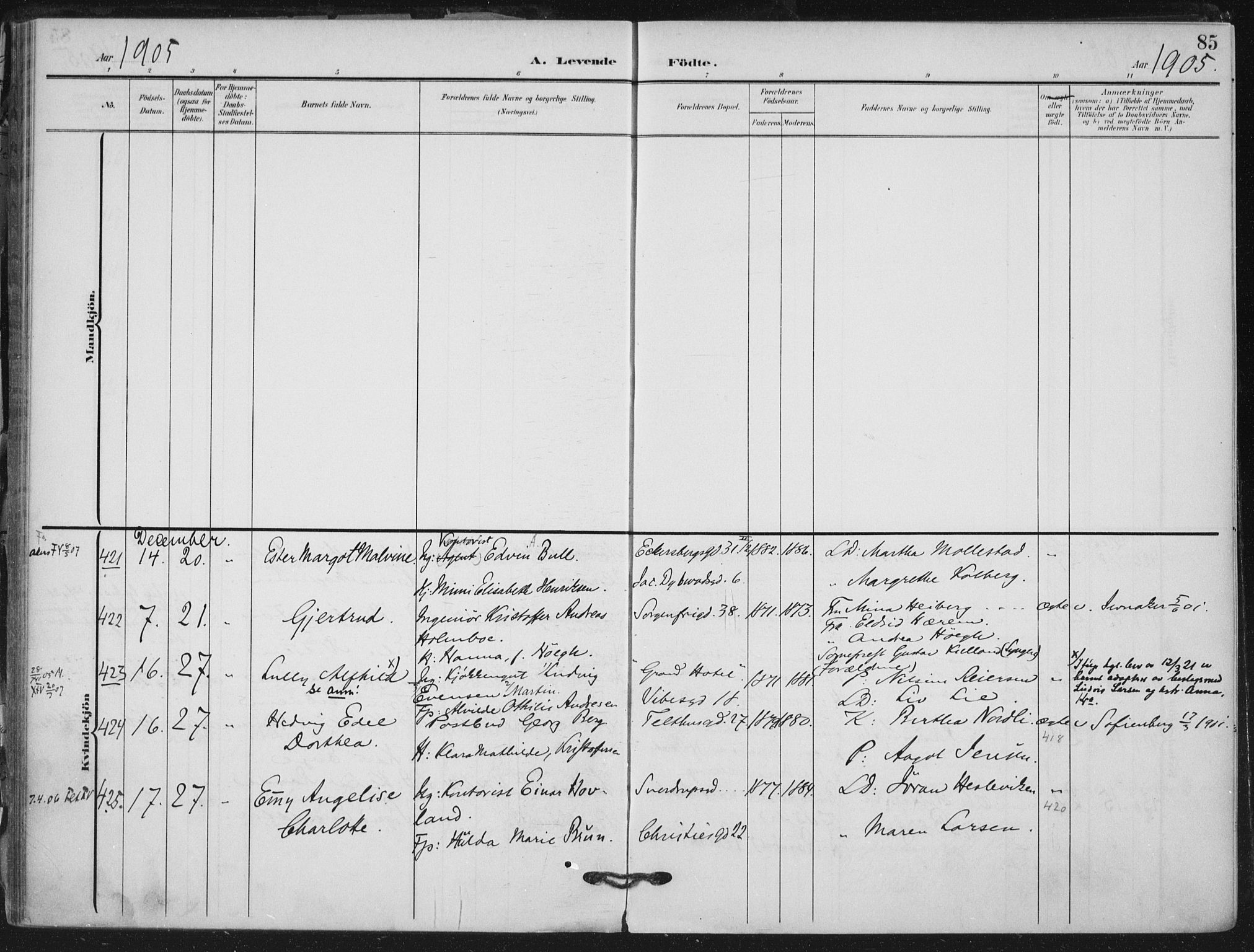 Rikshospitalet prestekontor Kirkebøker, AV/SAO-A-10309b/F/L0013: Parish register (official) no. 13, 1905-1908, p. 85