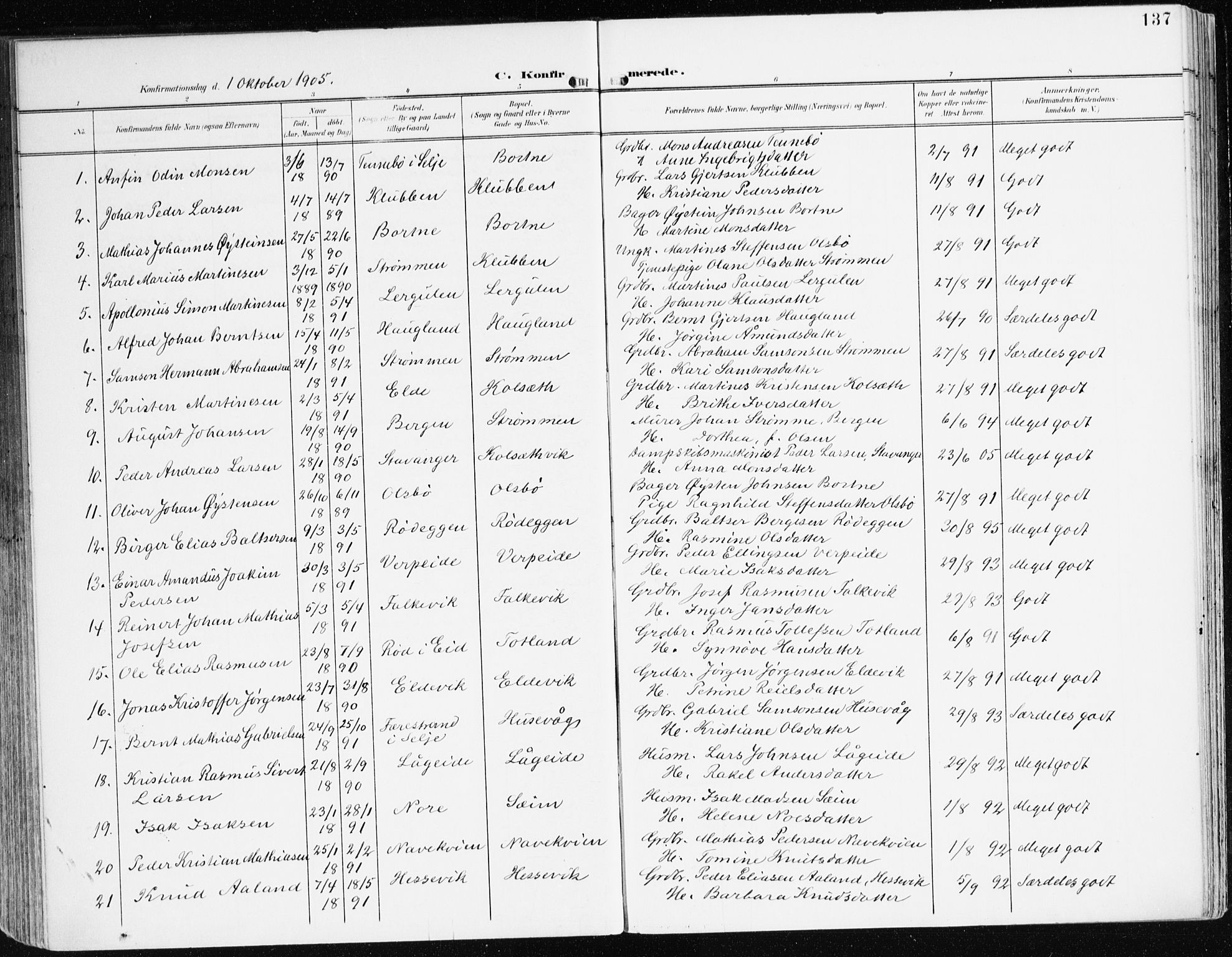 Davik sokneprestembete, AV/SAB-A-79701/H/Haa/Haad/L0002: Parish register (official) no. D 2, 1901-1930, p. 137