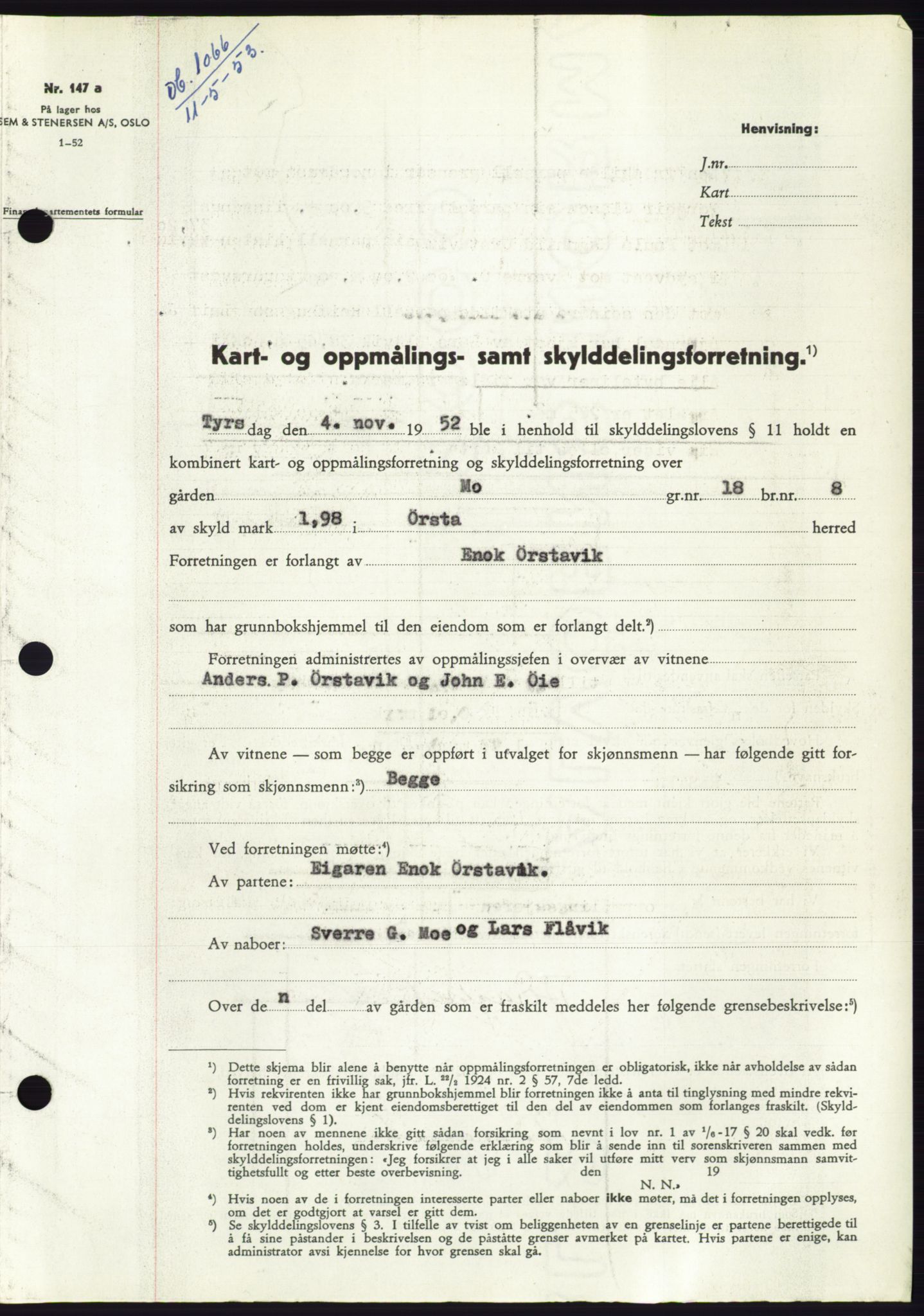 Søre Sunnmøre sorenskriveri, AV/SAT-A-4122/1/2/2C/L0094: Mortgage book no. 20A, 1953-1953, Diary no: : 1066/1953