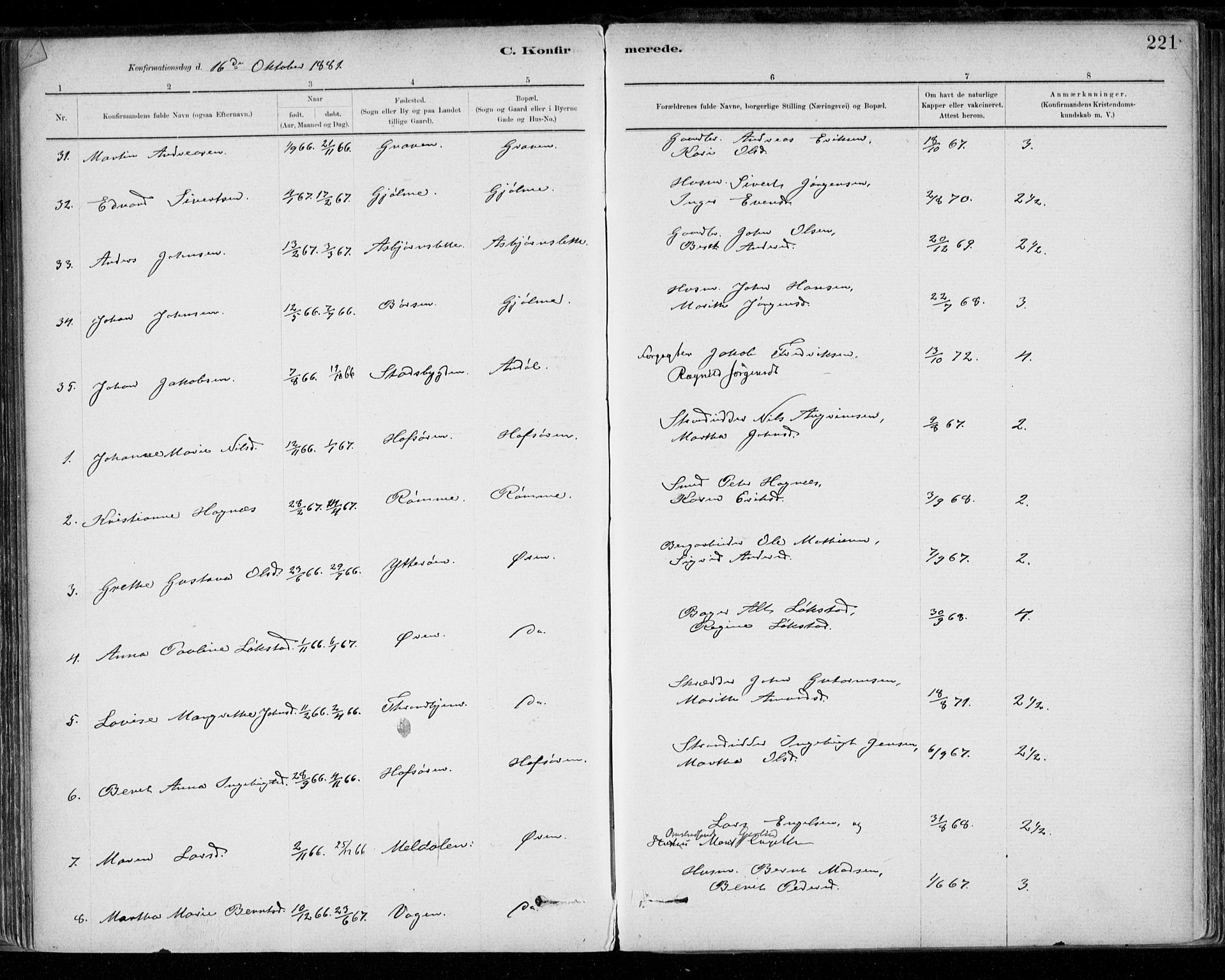 Ministerialprotokoller, klokkerbøker og fødselsregistre - Sør-Trøndelag, SAT/A-1456/668/L0809: Parish register (official) no. 668A09, 1881-1895, p. 221