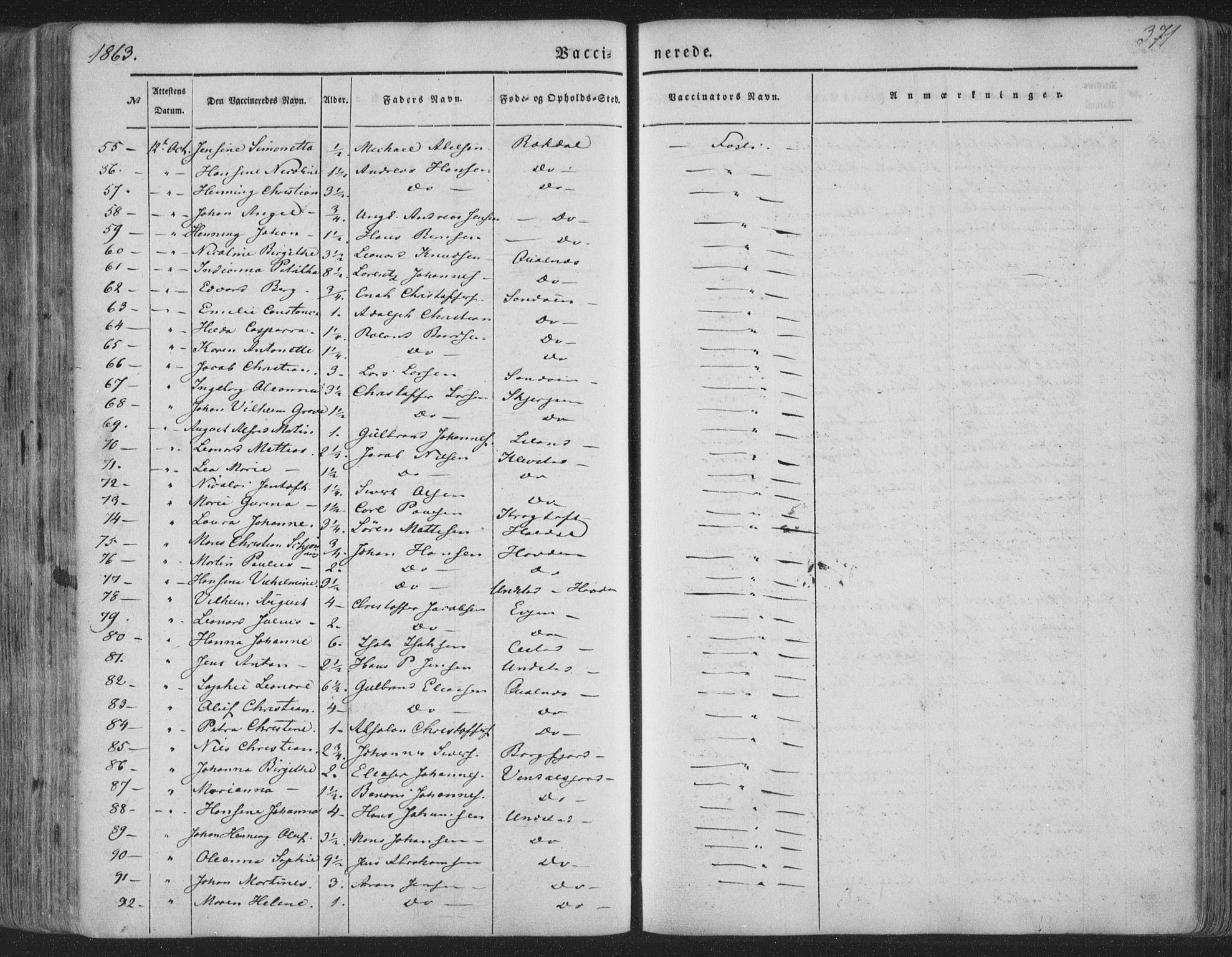 Ministerialprotokoller, klokkerbøker og fødselsregistre - Nordland, AV/SAT-A-1459/880/L1131: Parish register (official) no. 880A05, 1844-1868, p. 371