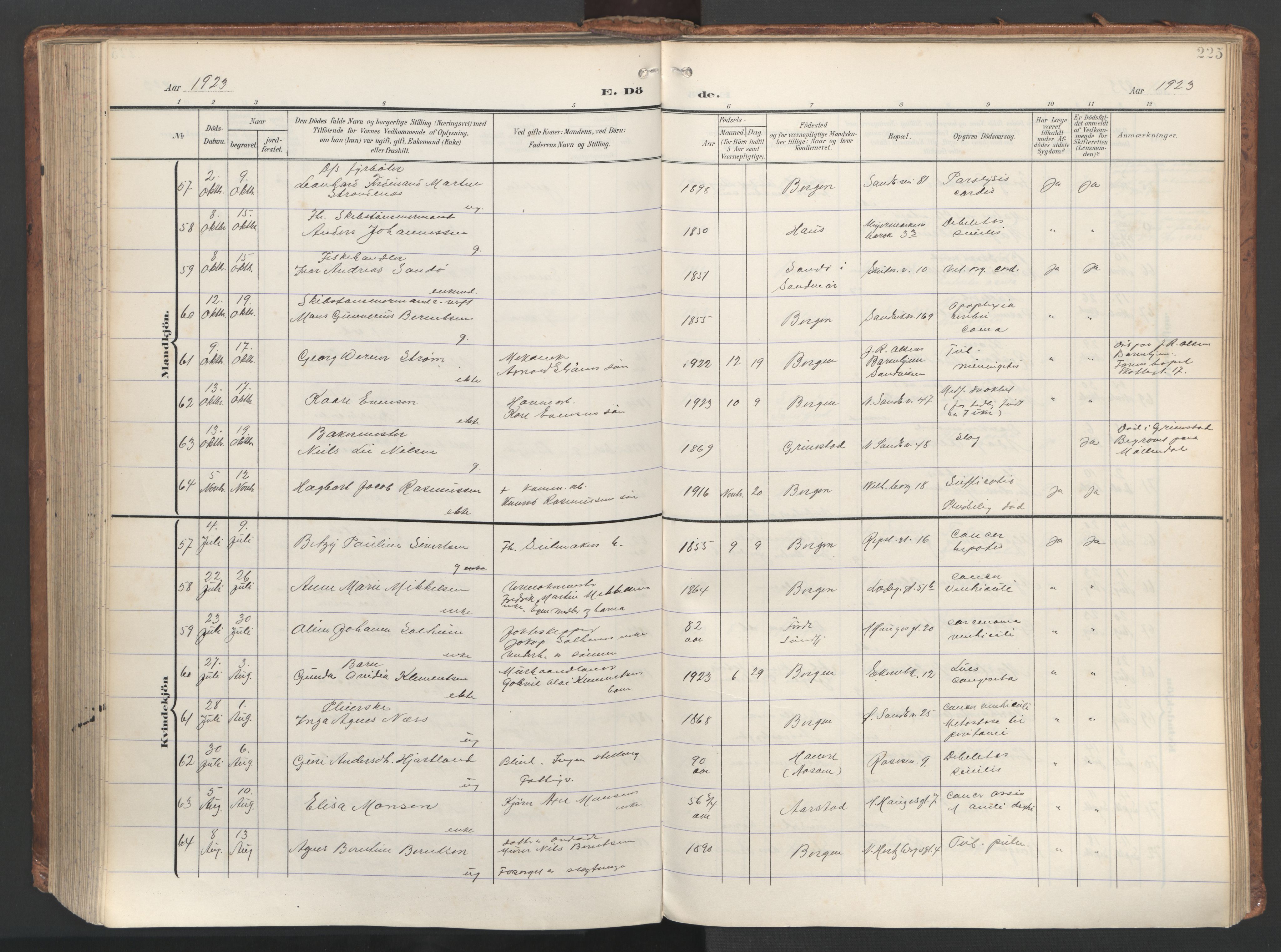 Sandviken Sokneprestembete, AV/SAB-A-77601/H/Ha/L0019: Parish register (official) no. E 2, 1905-1933, p. 225