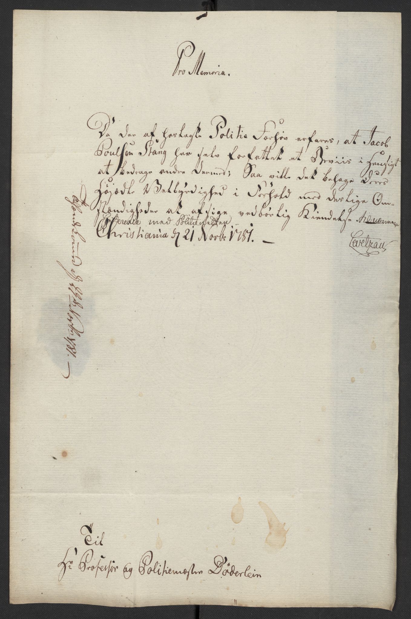 Oslo politidistrikt, AV/SAO-A-10085/D/Da/L0003: Innkomne brev, pro memoria m.v., 1781, p. 97