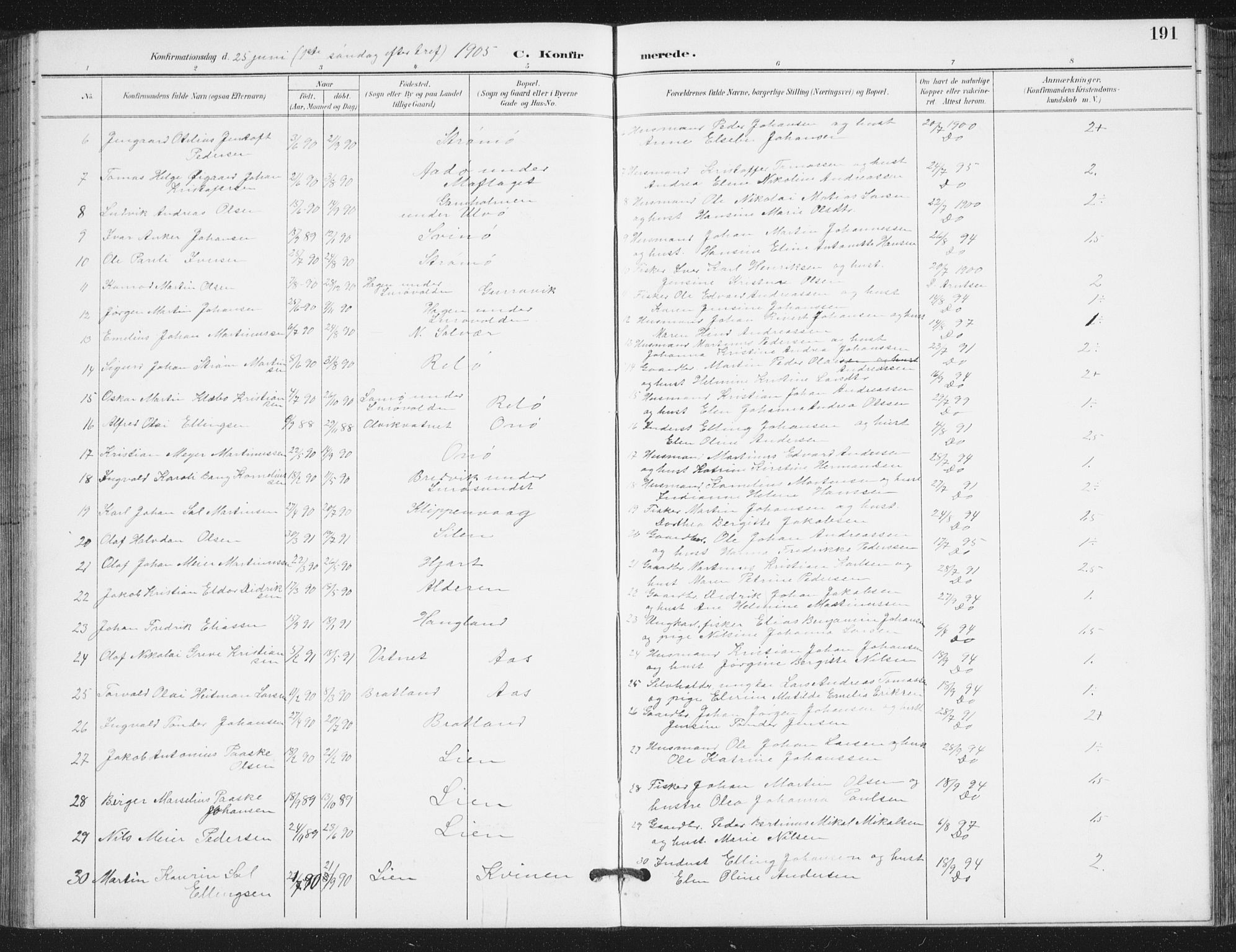 Ministerialprotokoller, klokkerbøker og fødselsregistre - Nordland, AV/SAT-A-1459/839/L0573: Parish register (copy) no. 839C03, 1892-1917, p. 191