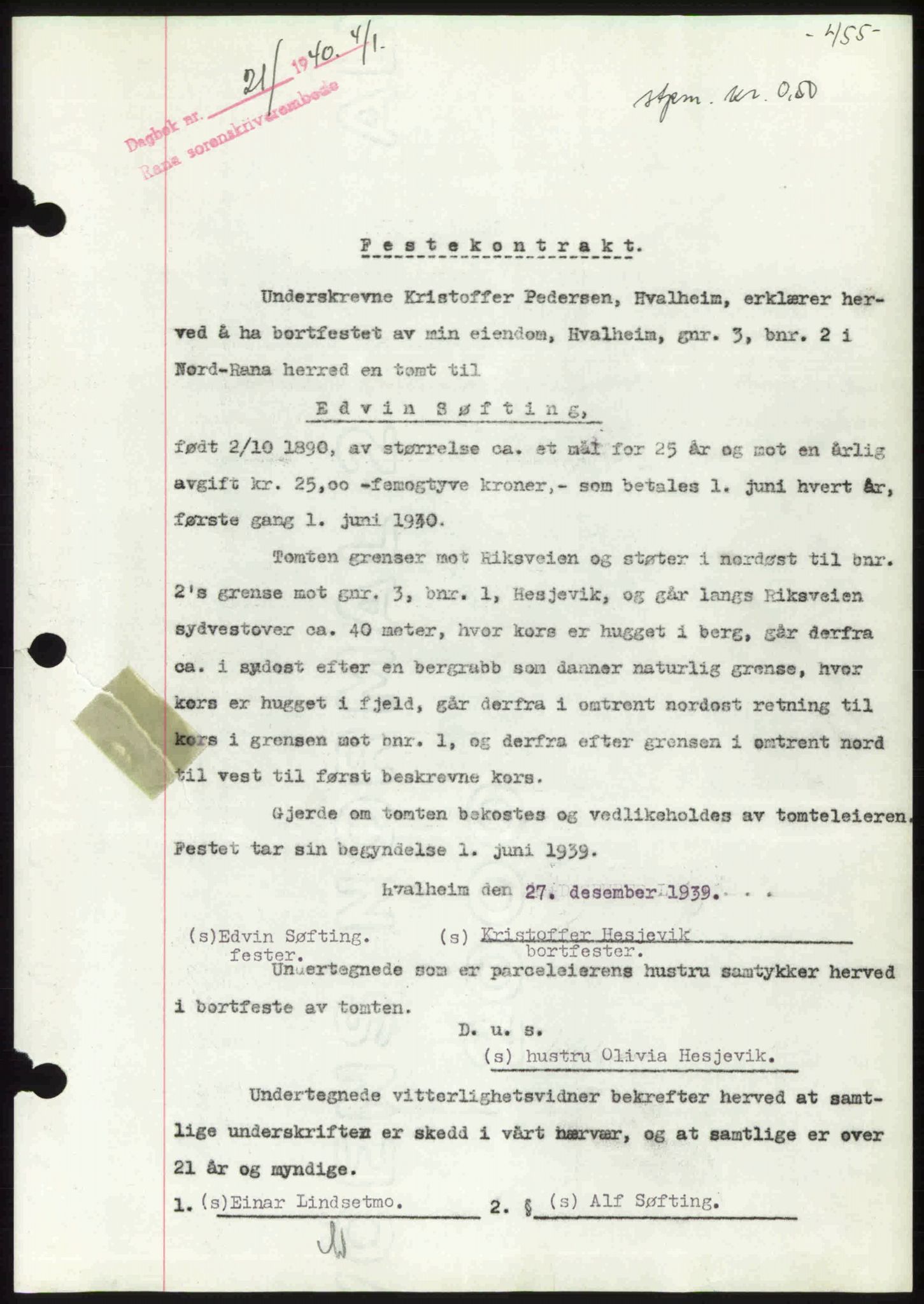 Rana sorenskriveri , SAT/A-1108/1/2/2C: Mortgage book no. A 6, 1939-1940, Diary no: : 21/1940