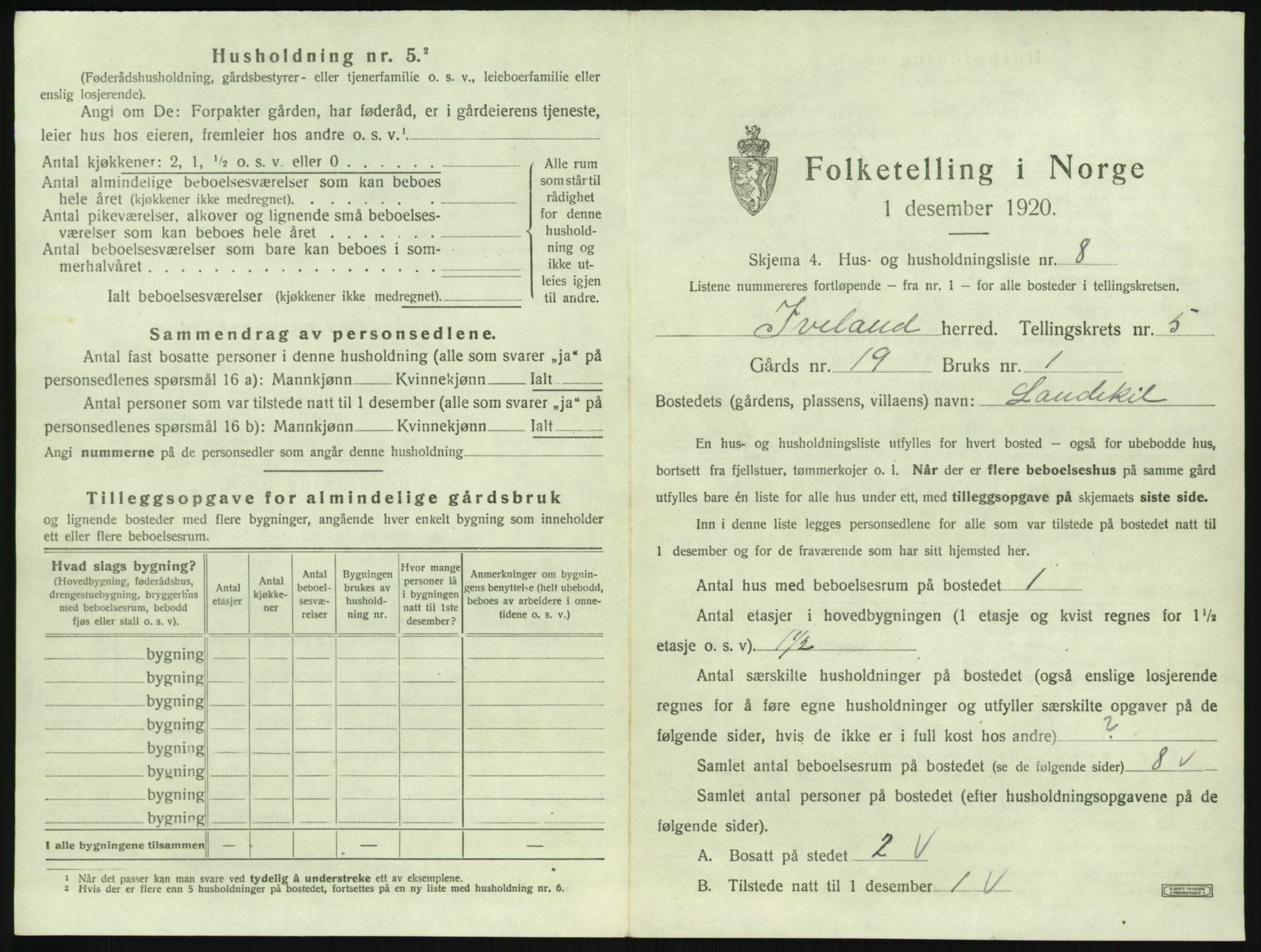 SAK, 1920 census for Iveland, 1920, p. 255