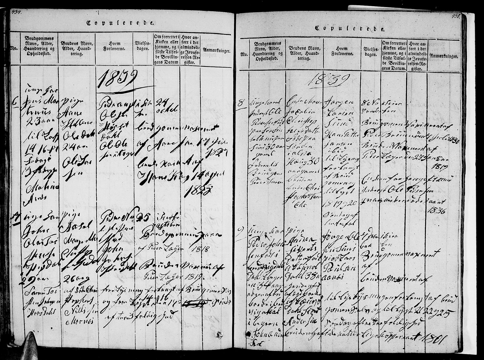 Ministerialprotokoller, klokkerbøker og fødselsregistre - Nordland, SAT/A-1459/805/L0105: Parish register (copy) no. 805C01, 1820-1839, p. 434-435