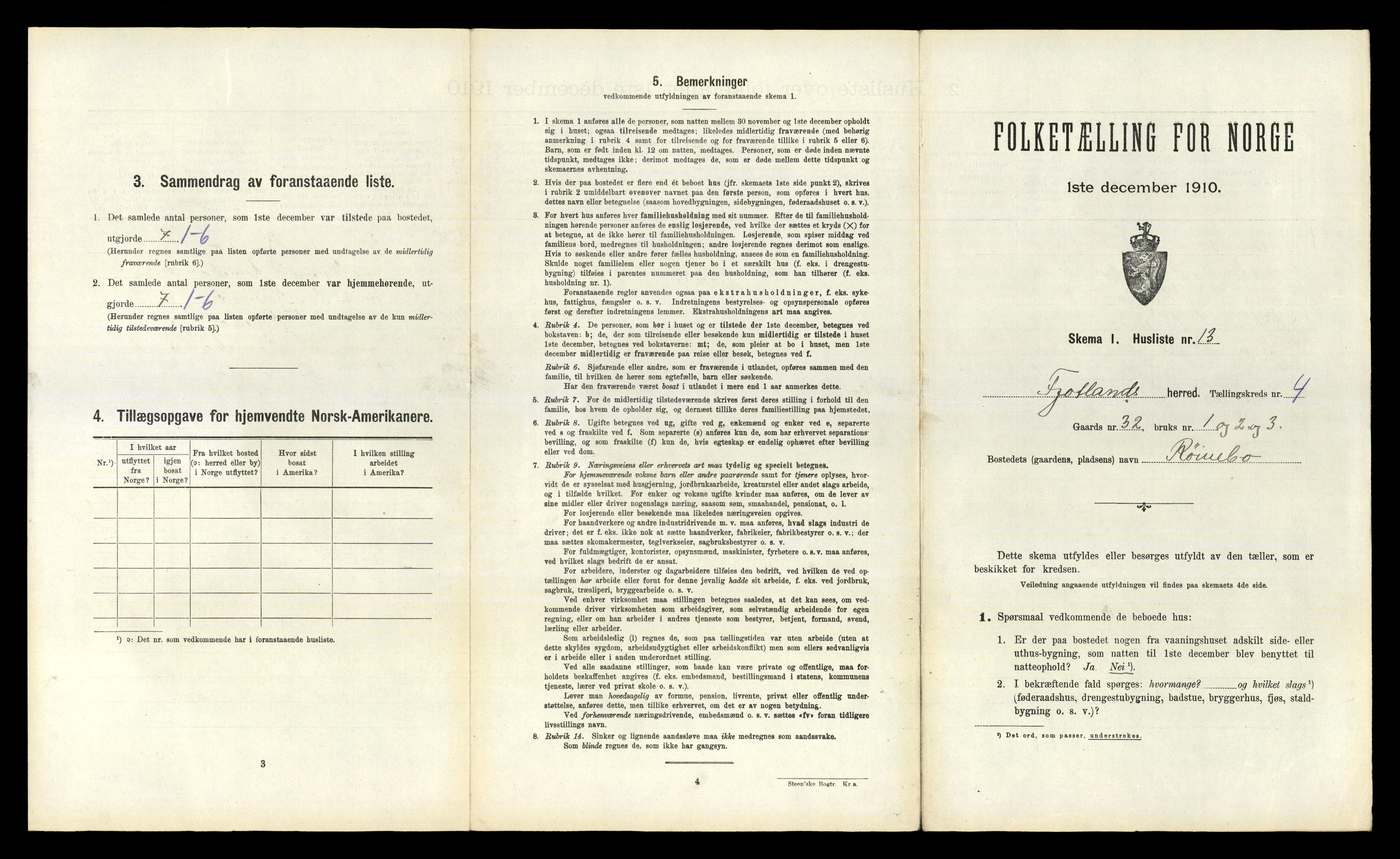 RA, 1910 census for Fjotland, 1910, p. 190