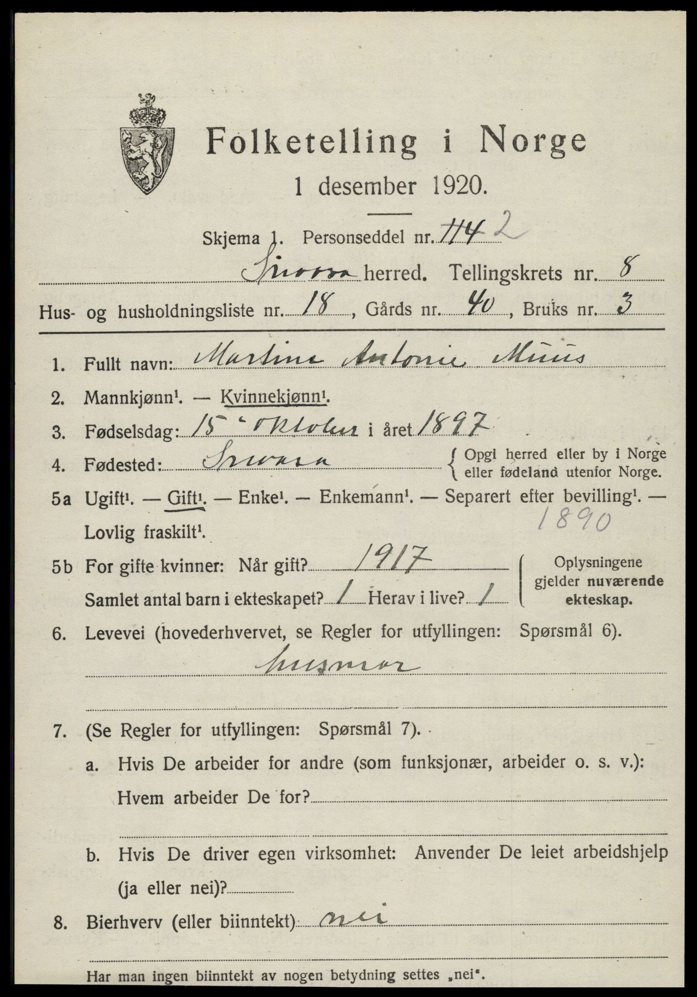 SAT, 1920 census for Snåsa, 1920, p. 3394