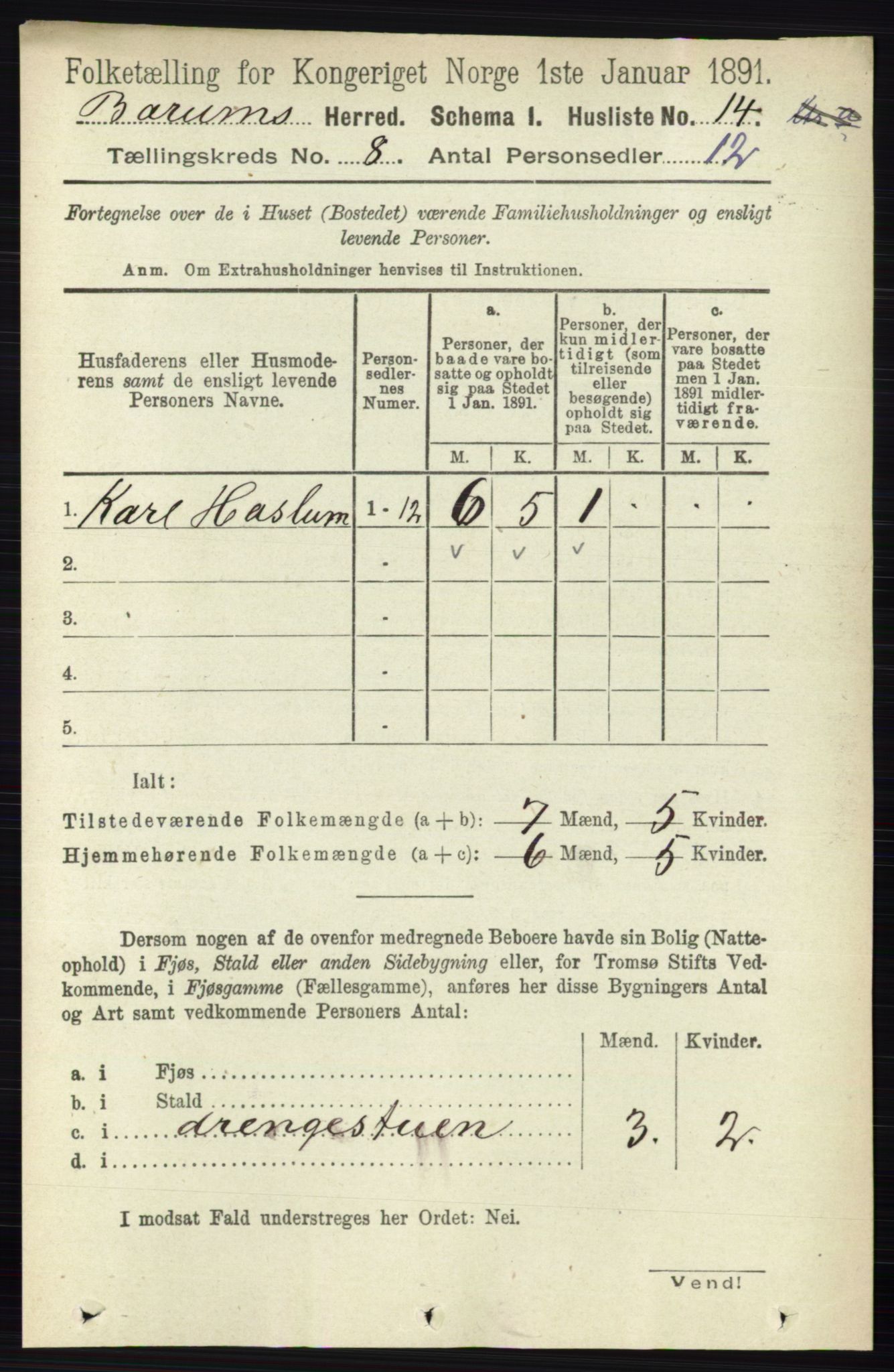 RA, 1891 census for 0219 Bærum, 1891, p. 4454