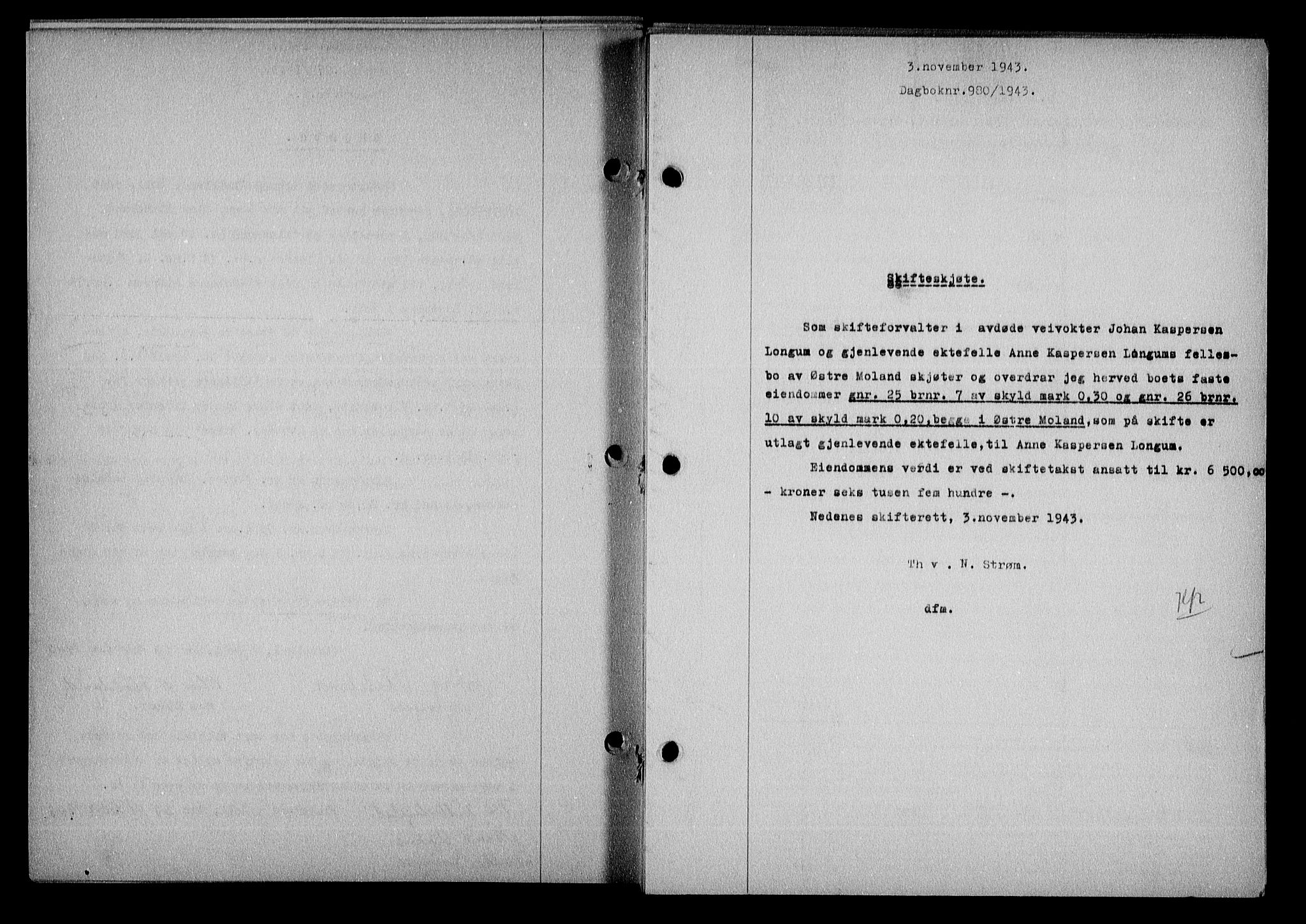 Nedenes sorenskriveri, SAK/1221-0006/G/Gb/Gba/L0051: Mortgage book no. A-V, 1943-1944, Diary no: : 980/1943