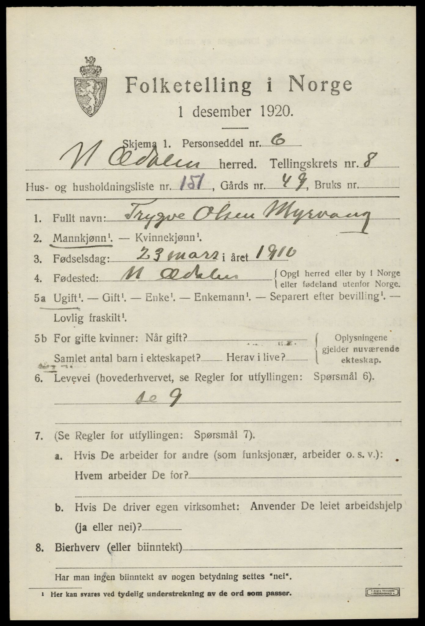 SAH, 1920 census for Nord-Odal, 1920, p. 9571