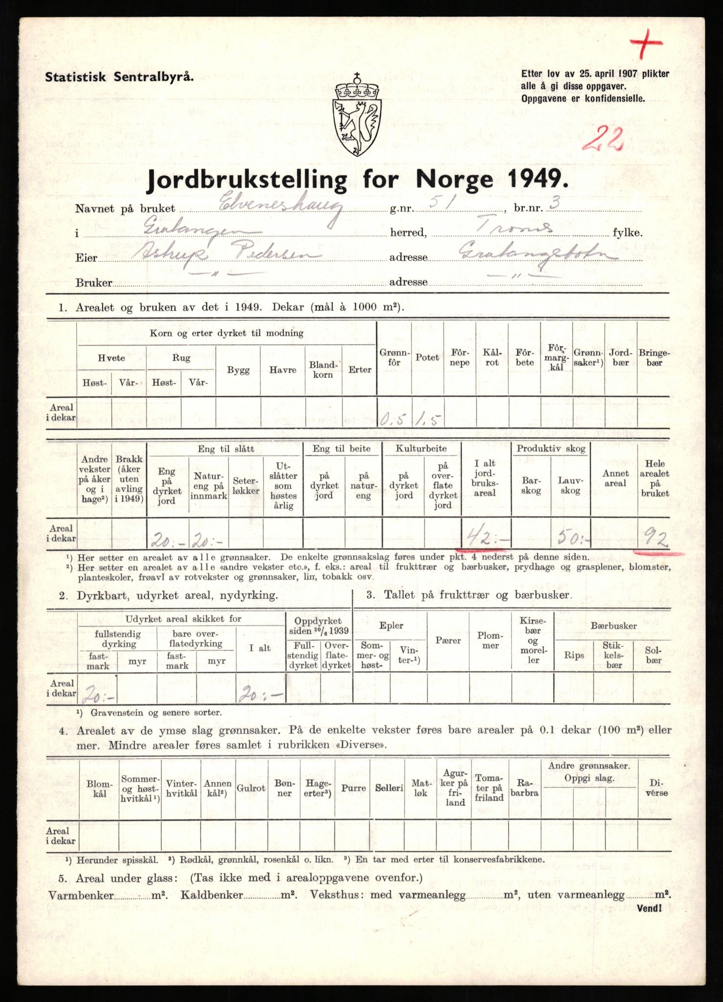 Statistisk sentralbyrå, Næringsøkonomiske emner, Jordbruk, skogbruk, jakt, fiske og fangst, AV/RA-S-2234/G/Gc/L0437: Troms: Gratangen og Lavangen, 1949, p. 1135
