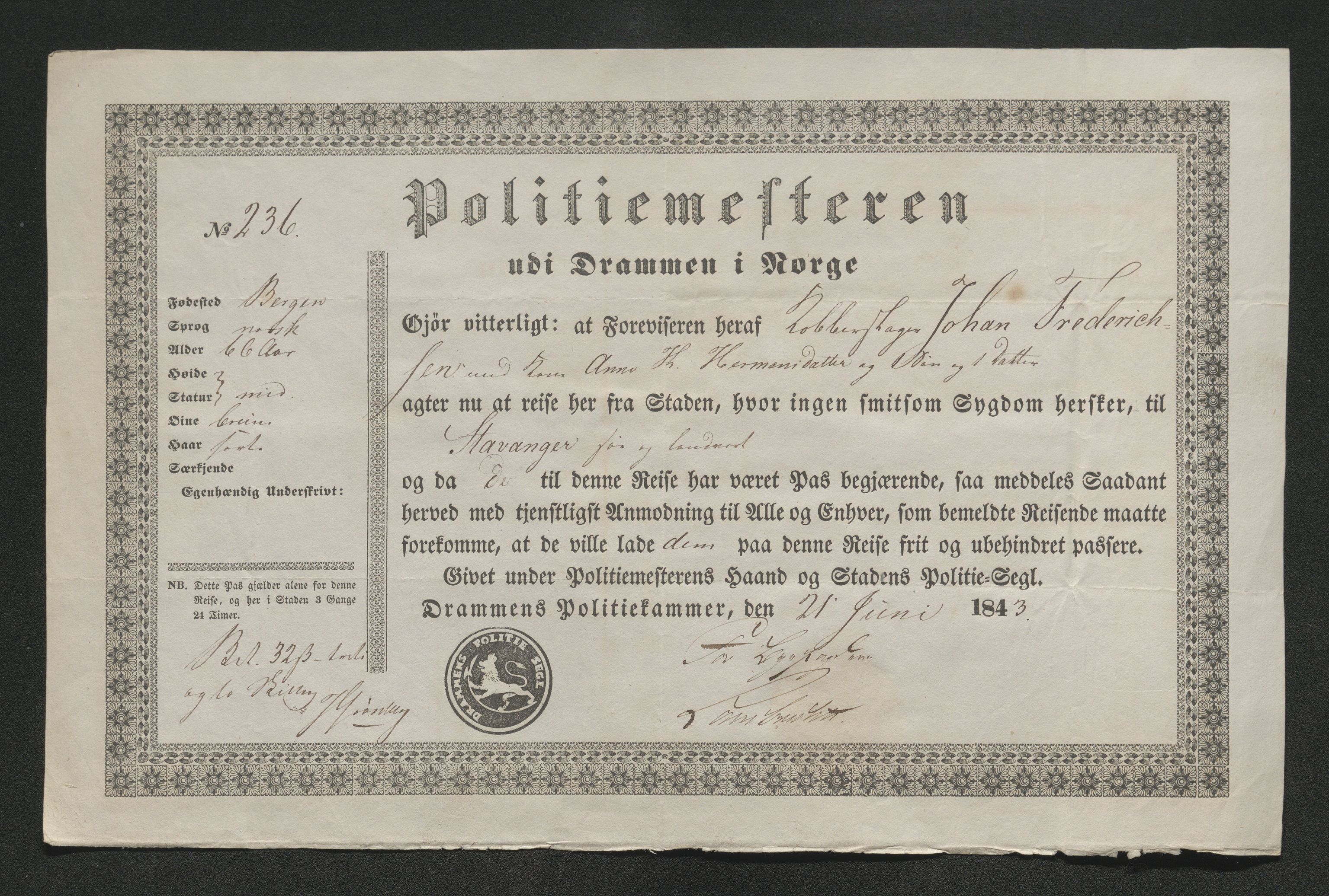 Drammen politikammer, AV/SAKO-A-623/I/Ia/Iab/L0007: Innleverte pass, 1843-1844, p. 166