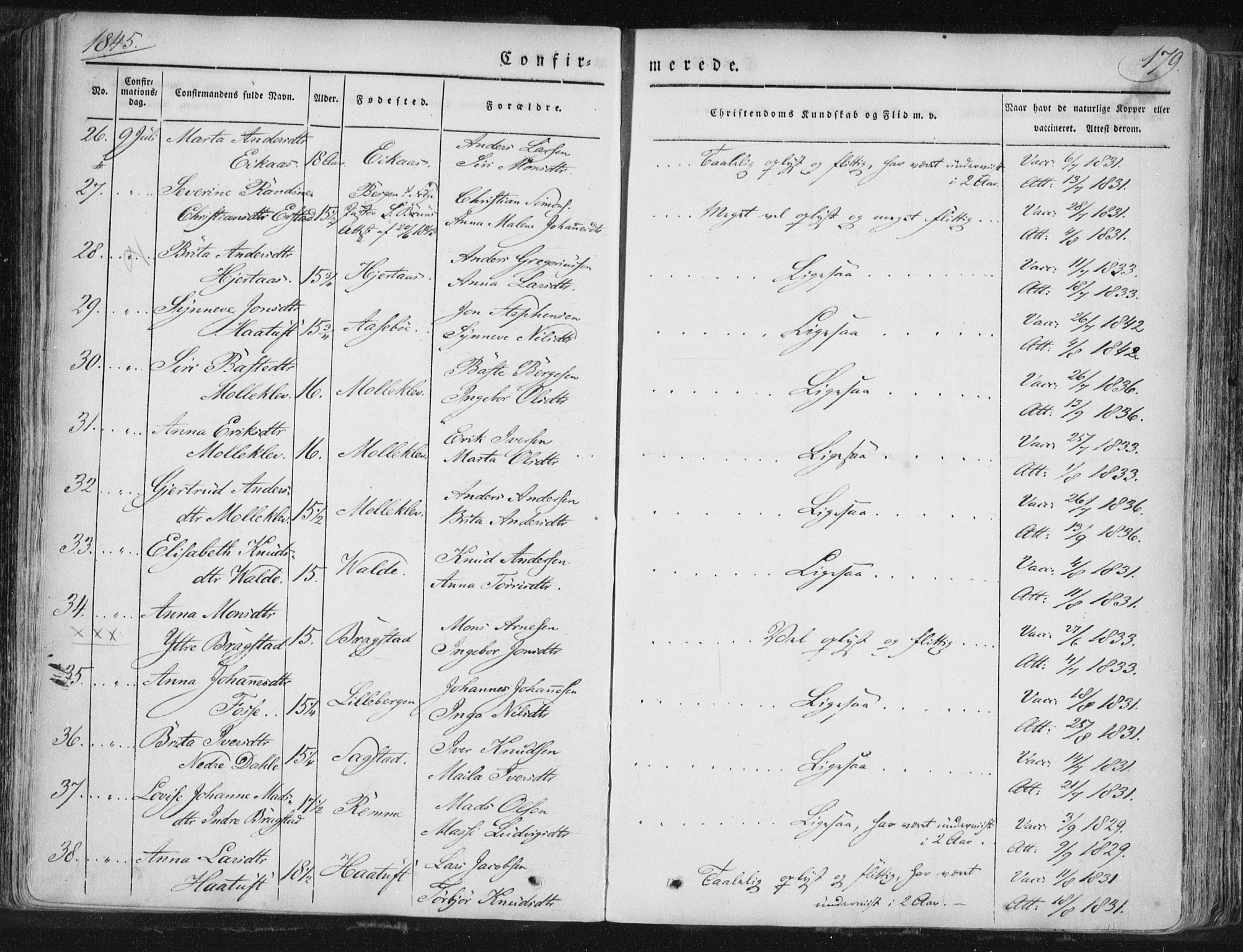 Hamre sokneprestembete, AV/SAB-A-75501/H/Ha/Haa/Haaa/L0012: Parish register (official) no. A 12, 1834-1845, p. 179