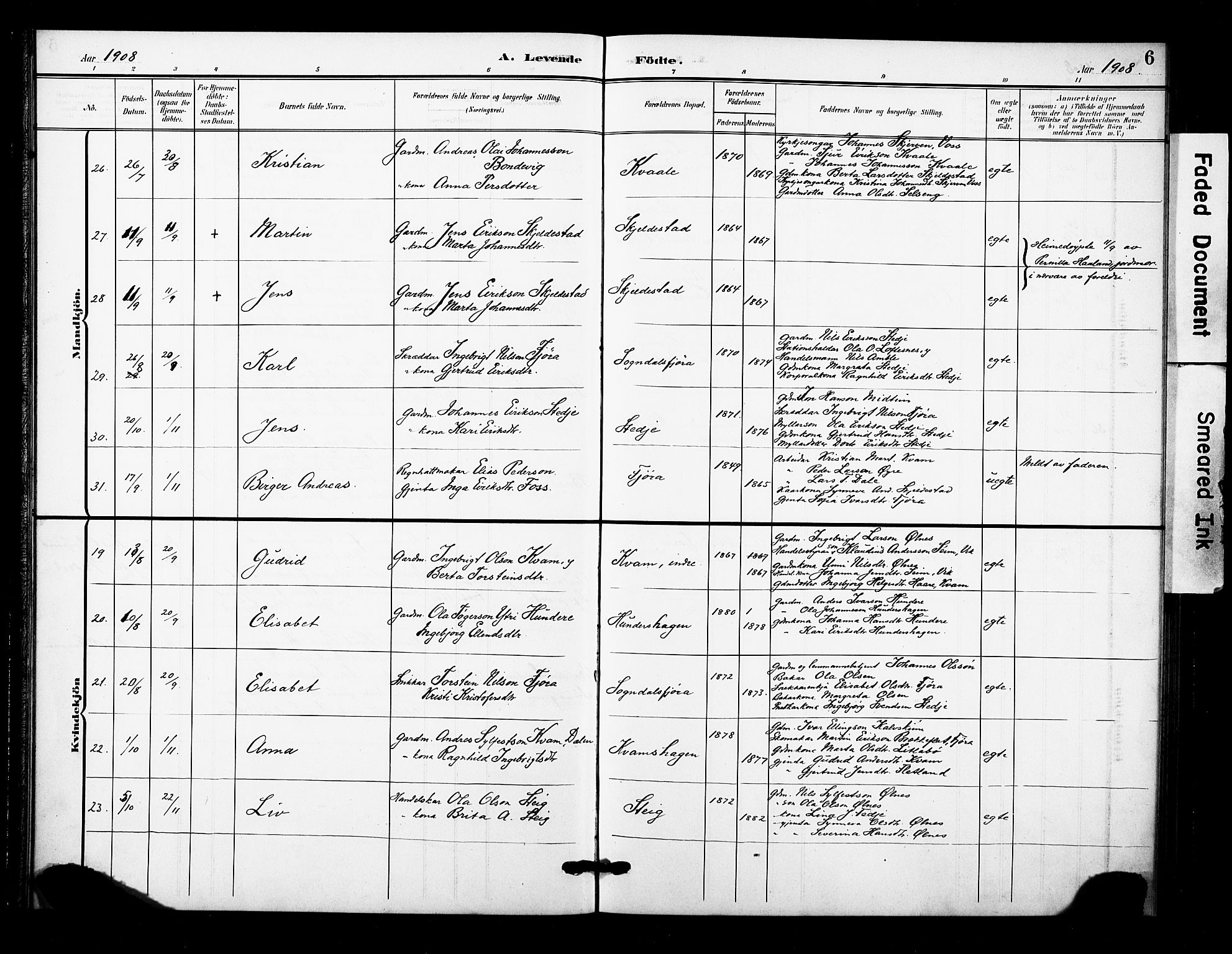 Sogndal sokneprestembete, AV/SAB-A-81301/H/Hab/Haba/L0002: Parish register (copy) no. A 2, 1908-1924, p. 6