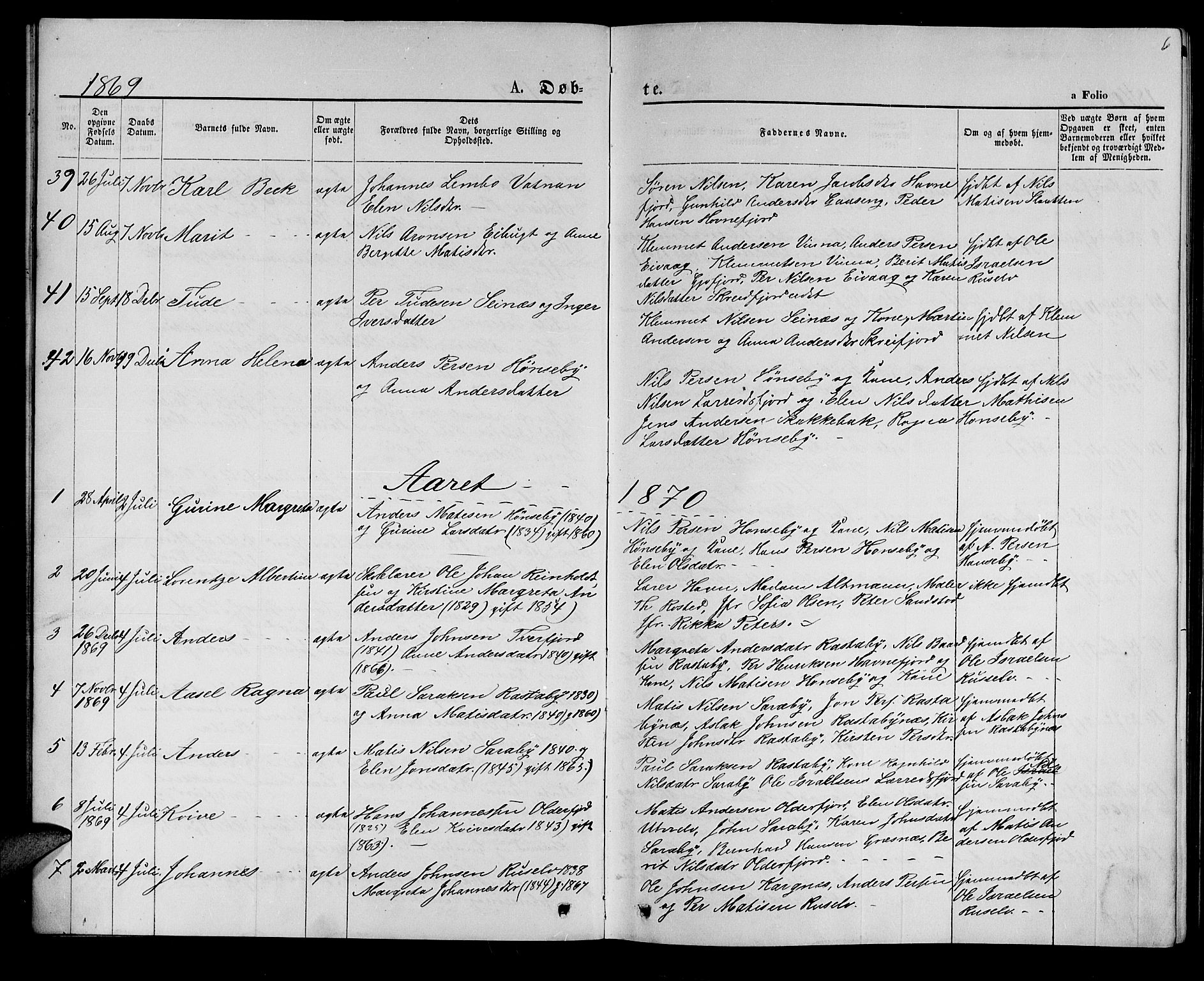 Hammerfest sokneprestkontor, SATØ/S-1347/H/Hb/L0005.klokk: Parish register (copy) no. 5, 1869-1884, p. 6