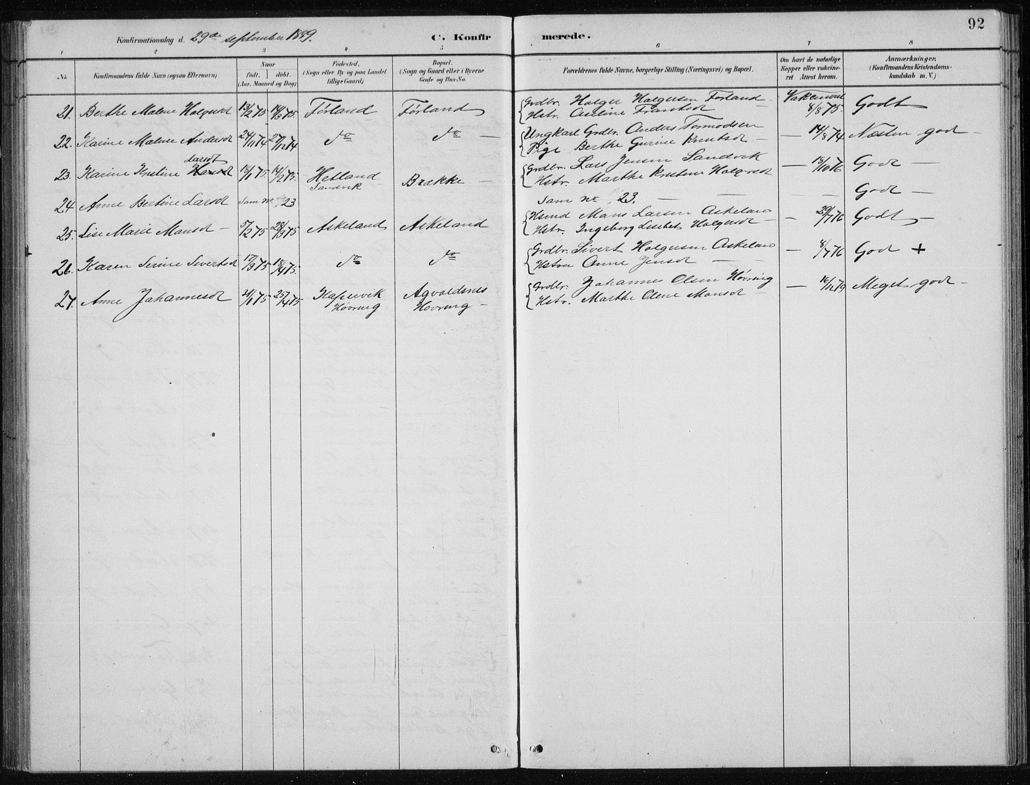 Tysvær sokneprestkontor, SAST/A -101864/H/Ha/Hab/L0004: Parish register (copy) no. B 4, 1883-1896, p. 92