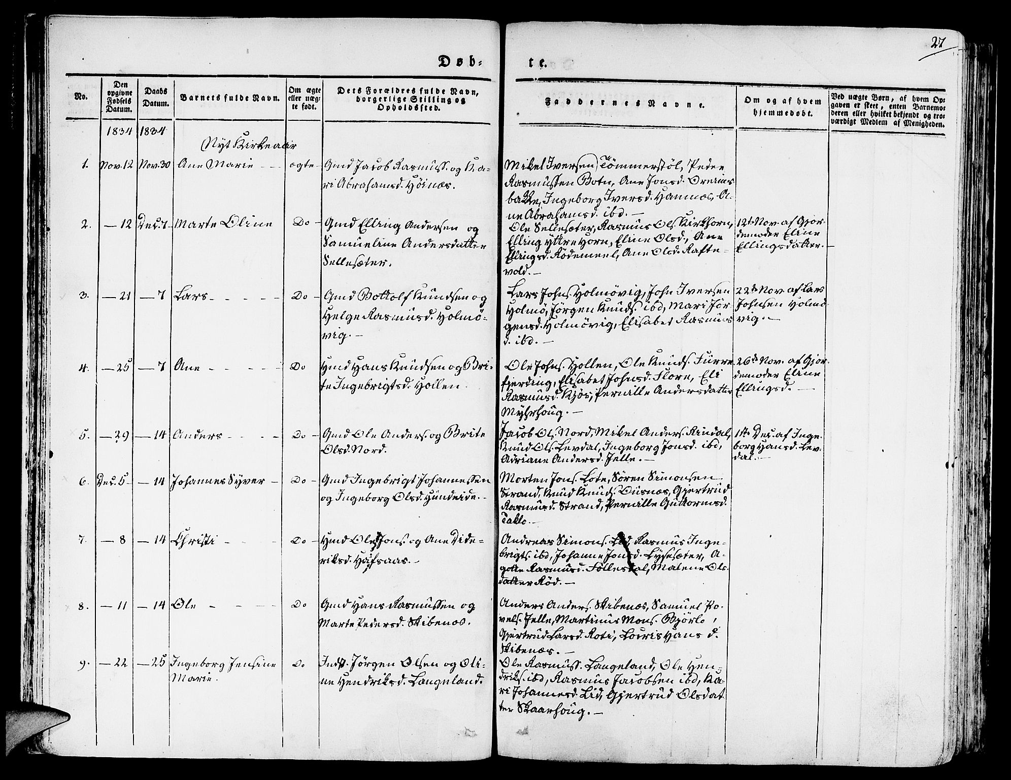 Eid sokneprestembete, AV/SAB-A-82301/H/Haa/Haaa/L0006: Parish register (official) no. A 6, 1831-1843, p. 27