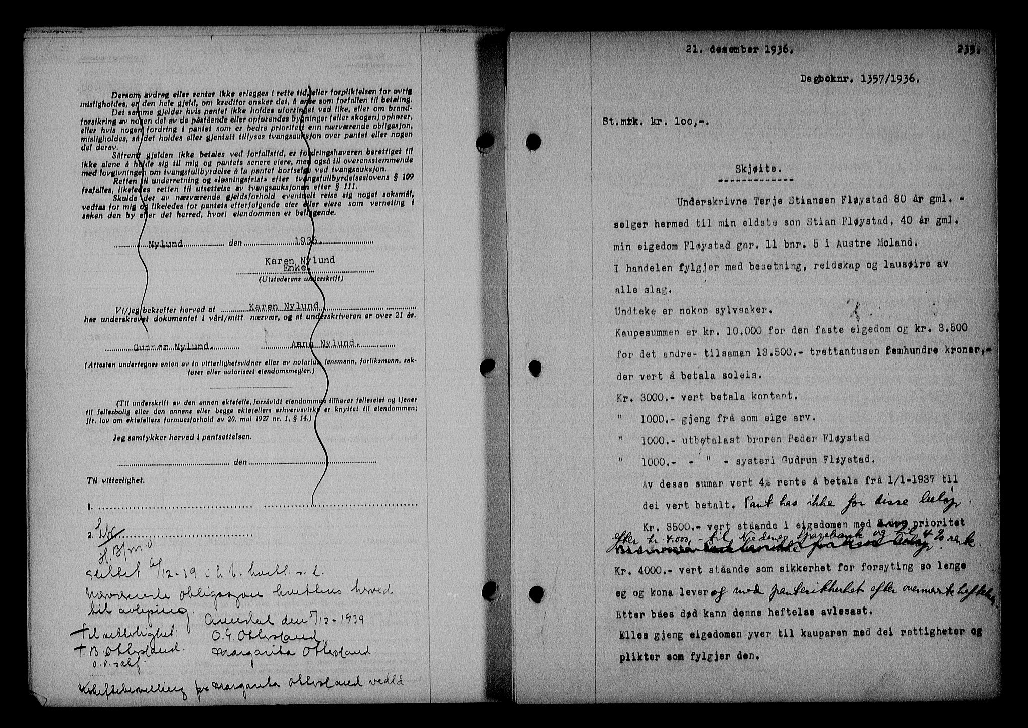 Nedenes sorenskriveri, SAK/1221-0006/G/Gb/Gba/L0043: Mortgage book no. 39, 1936-1937, Diary no: : 1357/1936