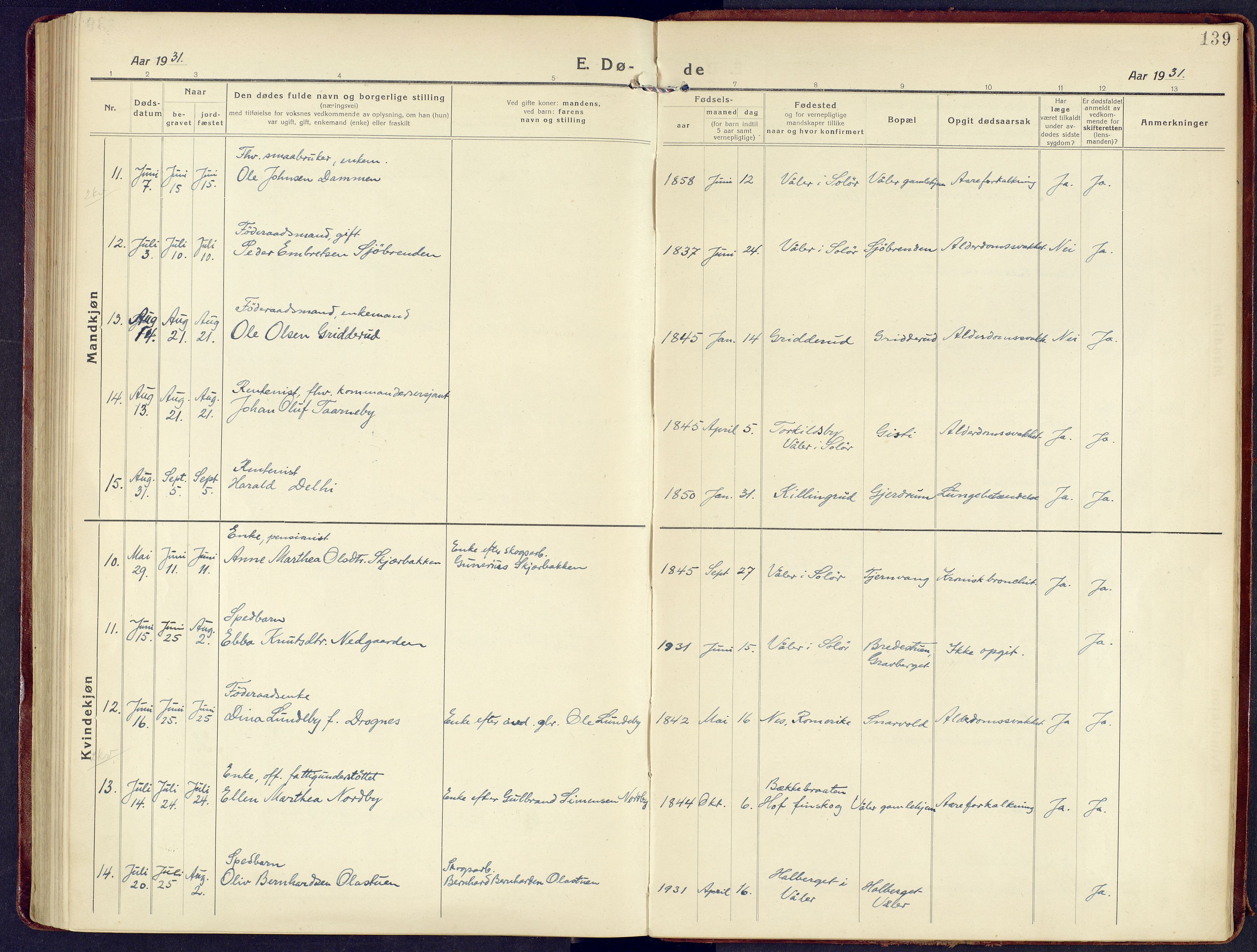 Våler prestekontor, Hedmark, AV/SAH-PREST-040/H/Ha/Haa/L0011: Parish register (official) no. 11, 1919-1933, p. 139