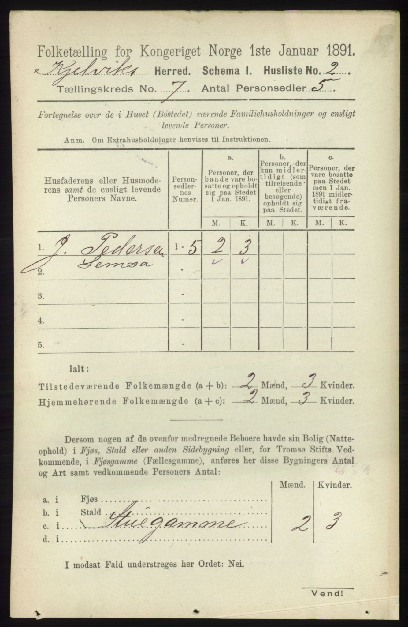 RA, 1891 census for 2019 Kjelvik, 1891, p. 847