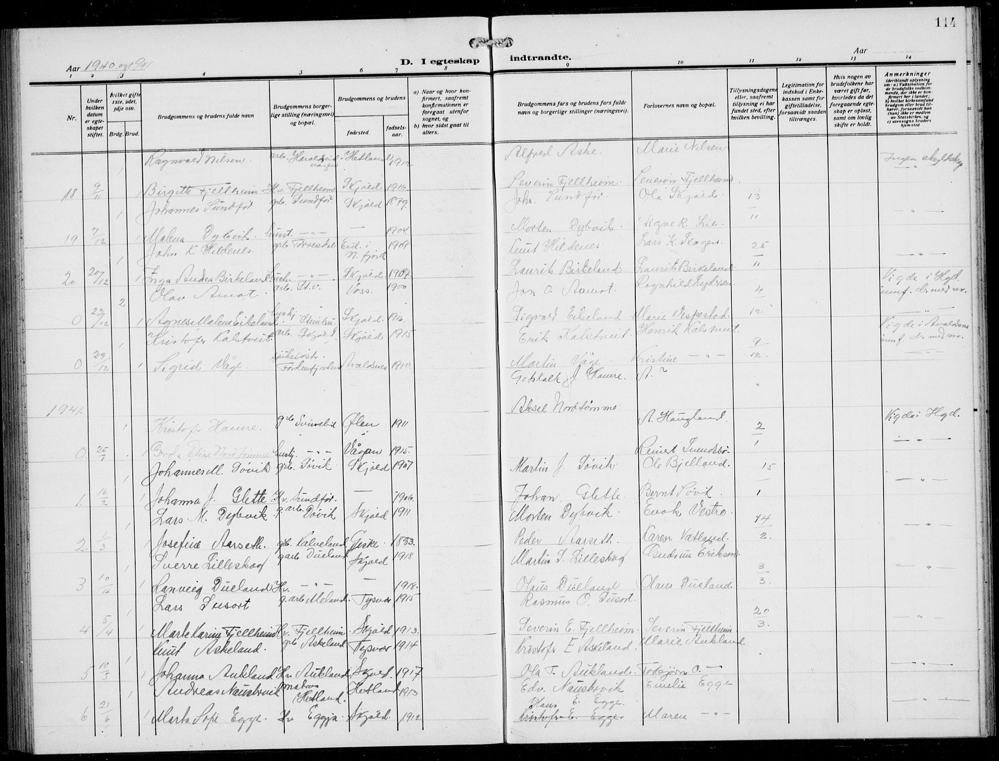 Skjold sokneprestkontor, SAST/A-101847/H/Ha/Hab/L0010: Parish register (copy) no. B 10, 1921-1941, p. 114