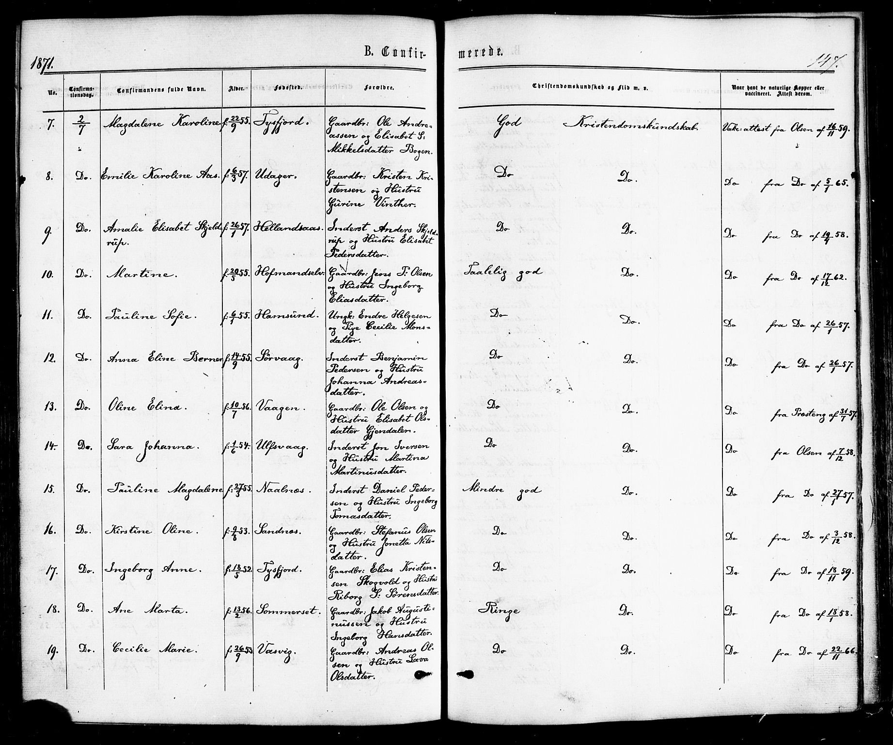 Ministerialprotokoller, klokkerbøker og fødselsregistre - Nordland, SAT/A-1459/859/L0845: Parish register (official) no. 859A05, 1863-1877, p. 147